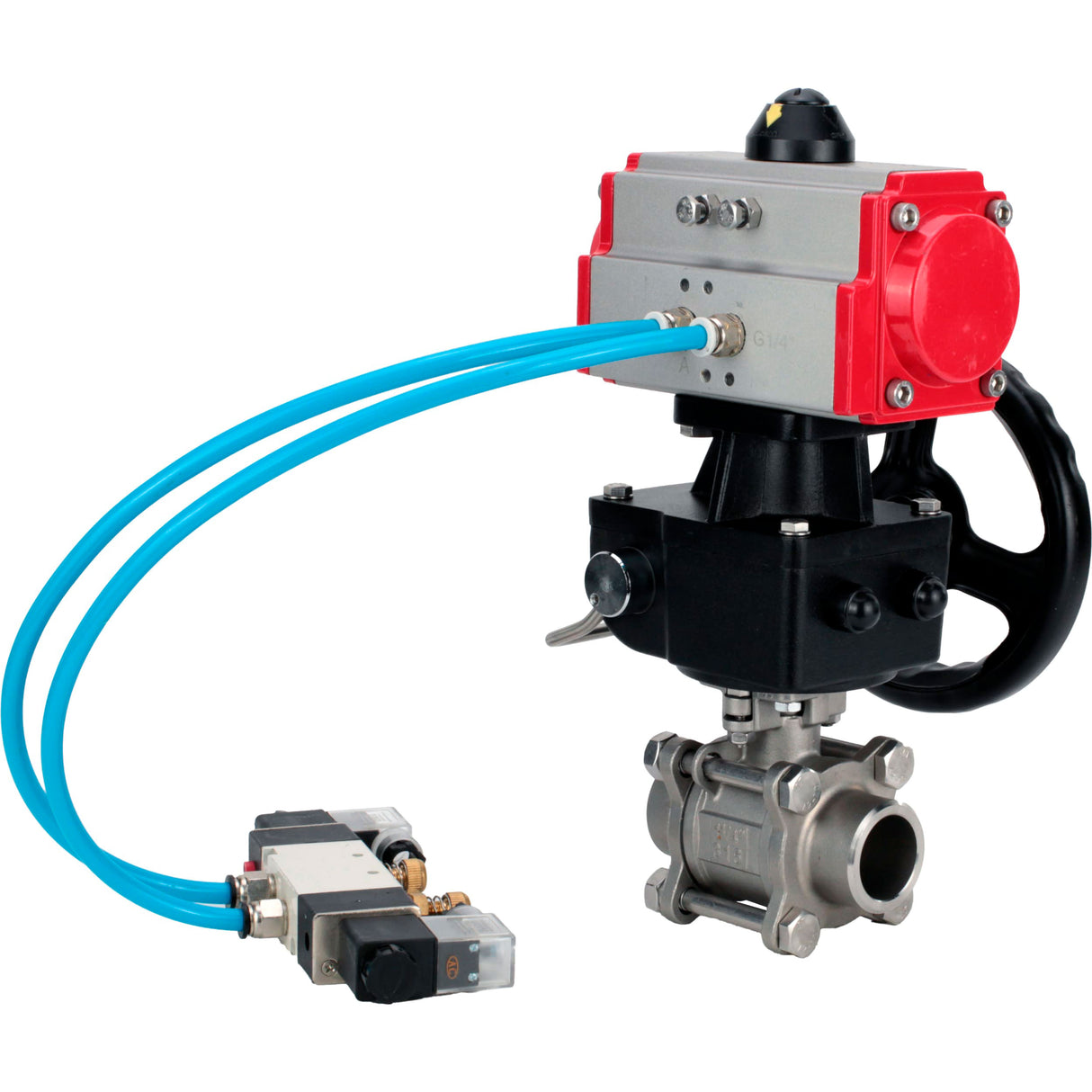 Kugelhähne Elephant BV3232P(3pc)-FP-W-ISO-H, Gehäusematerial - Edelstahl AISI 316, Dichtung - PTFE / PTFE / Teflon, mit pneumatischem Doppelwirkungsantrieb PA-DA, 4V320-10 220V, Handrad MON