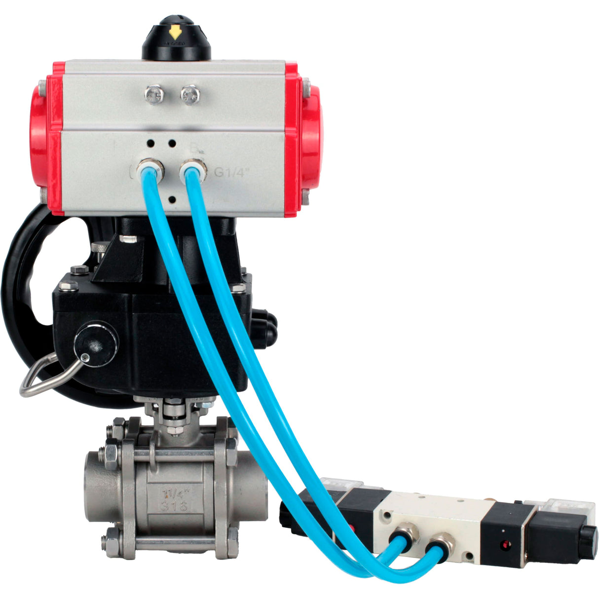 Kugelhähne Elephant BV3232P(3pc)-FP-W-ISO-H, Gehäusematerial - Edelstahl AISI 316, Dichtung - PTFE / PTFE / Teflon, mit pneumatischem Doppelwirkungsantrieb PA-DA, 4V320-10 220V, Handrad MON