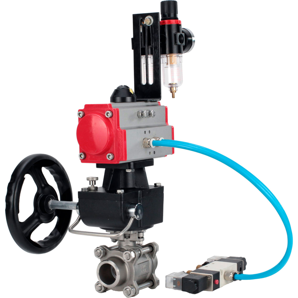 Kugelhähne Elephant BV3232P(3pc)-FP-W-ISO-H, Gehäusematerial - Edelstahl AISI 316, Dichtung - PTFE / PTFE / Teflon, mit pneumatischem Doppelwirkungsantrieb PA-DA, 4V320-10 220V, Handrad MON, ATU AFC2000