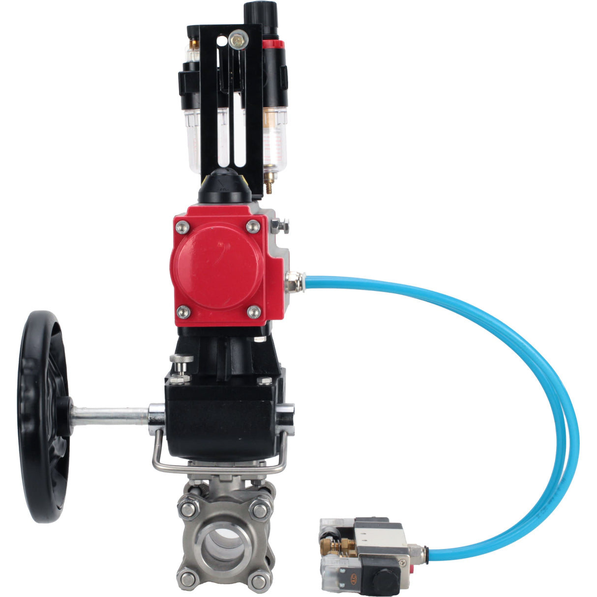 Kugelhähne Elephant BV3232P(3pc)-FP-W-ISO-H, Gehäusematerial - Edelstahl AISI 316, Dichtung - PTFE / PTFE / Teflon, mit pneumatischem Doppelwirkungsantrieb PA-DA, 4V320-10 220V, Handrad MON, ATU AFC2000