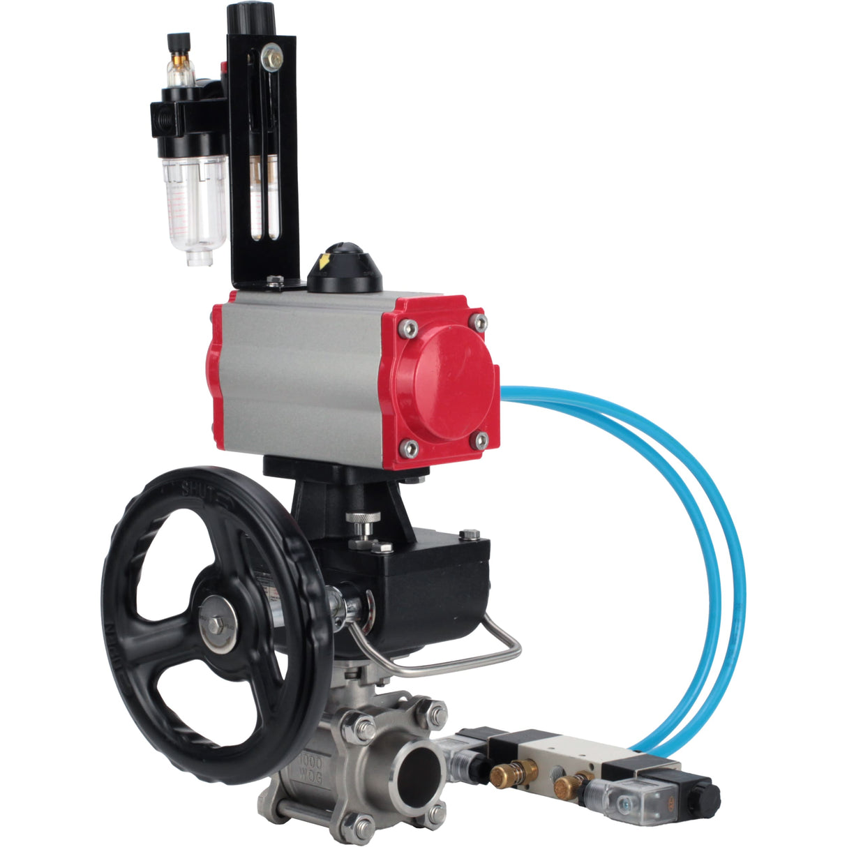 Kugelhähne Elephant BV3232P(3pc)-FP-W-ISO-H, Gehäusematerial - Edelstahl AISI 316, Dichtung - PTFE / PTFE / Teflon, mit pneumatischem Doppelwirkungsantrieb PA-DA, 4V320-10 220V, Handrad MON, ATU AFC2000