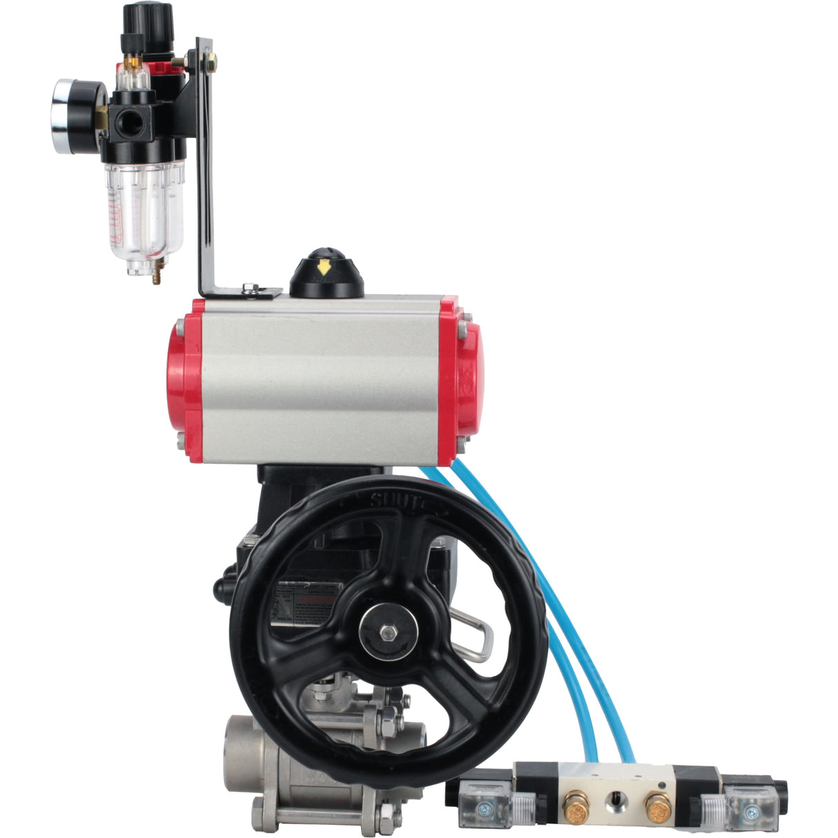 Kugelhähne Elephant BV3232P(3pc)-FP-W-ISO-H, Gehäusematerial - Edelstahl AISI 316, Dichtung - PTFE / PTFE / Teflon, mit pneumatischem Doppelwirkungsantrieb PA-DA, 4V320-10 220V, Handrad MON, ATU AFC2000