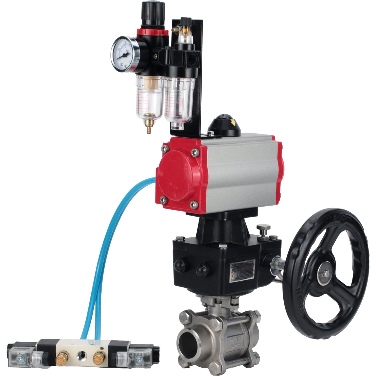 Kugelhähne Elephant BV3232P(3pc)-FP-W-ISO-H, Gehäusematerial - Edelstahl AISI 316, Dichtung - PTFE / PTFE / Teflon, mit pneumatischem Doppelwirkungsantrieb PA-DA, 4V320-10 220V, Handrad MON, ATU AFC2000