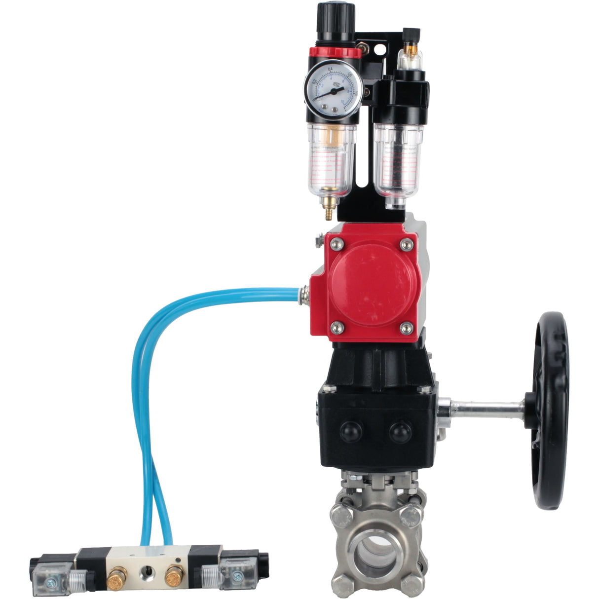 Kugelhähne Elephant BV3232P(3pc)-FP-W-ISO-H, Gehäusematerial - Edelstahl AISI 316, Dichtung - PTFE / PTFE / Teflon, mit pneumatischem Doppelwirkungsantrieb PA-DA, 4V320-10 220V, Handrad MON, ATU AFC2000