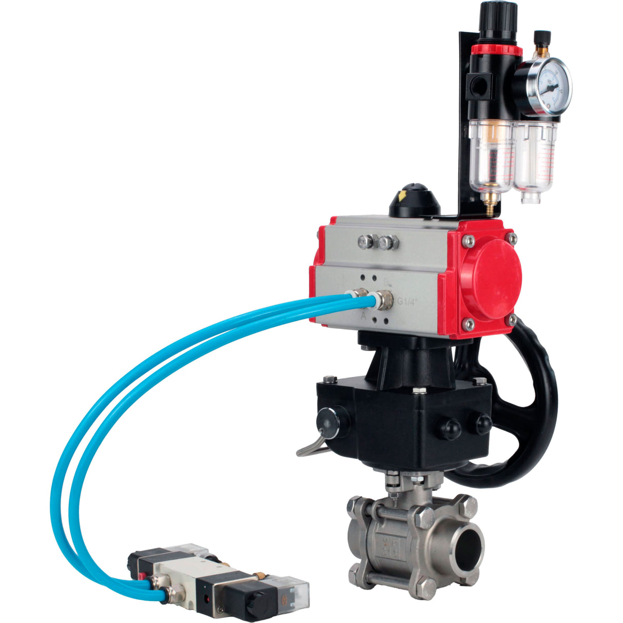 Kugelhähne Elephant BV3232P(3pc)-FP-W-ISO-H, Gehäusematerial - Edelstahl AISI 316, Dichtung - PTFE / PTFE / Teflon, mit pneumatischem Doppelwirkungsantrieb PA-DA, 4V320-10 220V, Handrad MON, ATU AFC2000