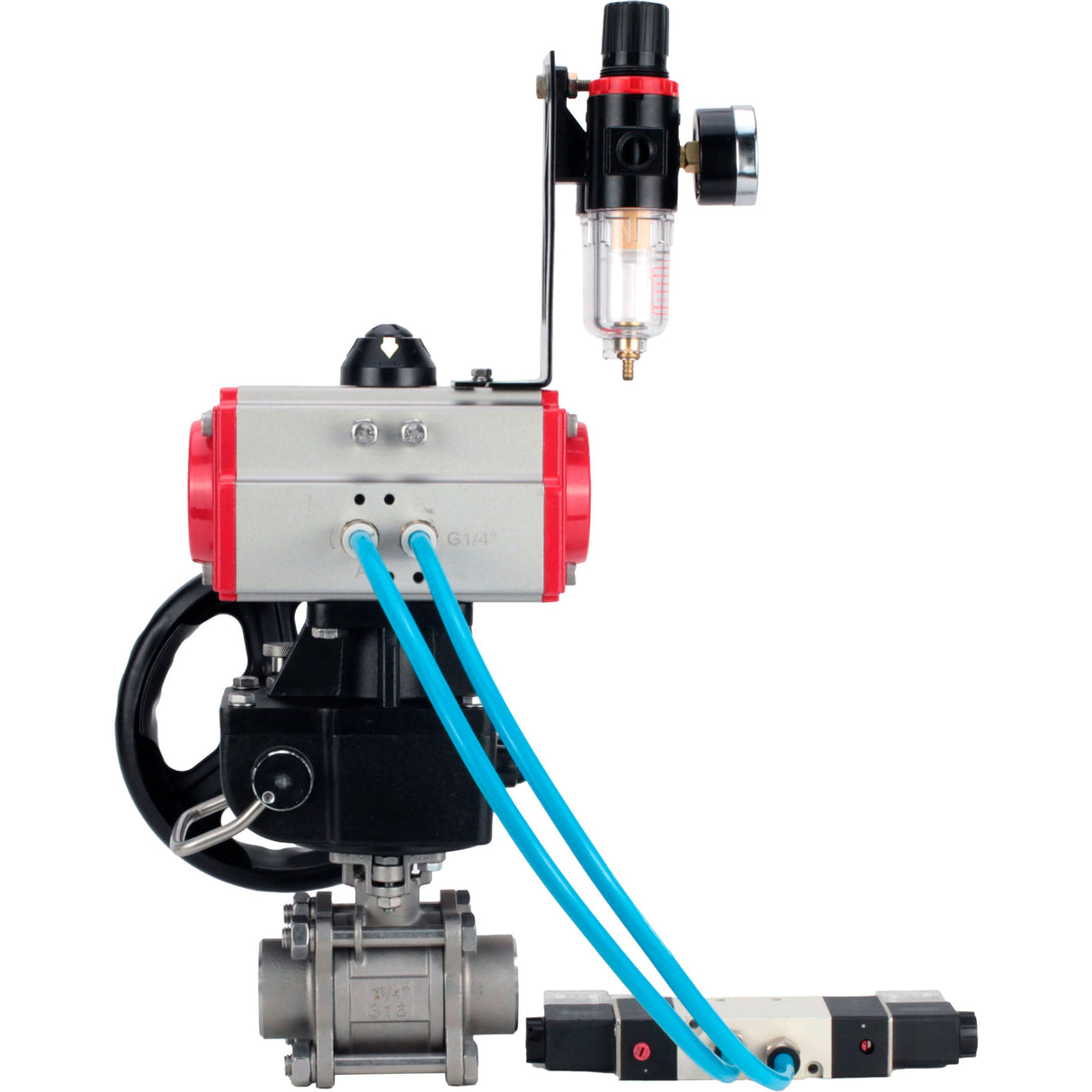 Kugelhähne Elephant BV3232P(3pc)-FP-W-ISO-H, Gehäusematerial - Edelstahl AISI 316, Dichtung - PTFE / PTFE / Teflon, mit pneumatischem Doppelwirkungsantrieb PA-DA, 4V320-10 220V, Handrad MON, ATU AFC2000