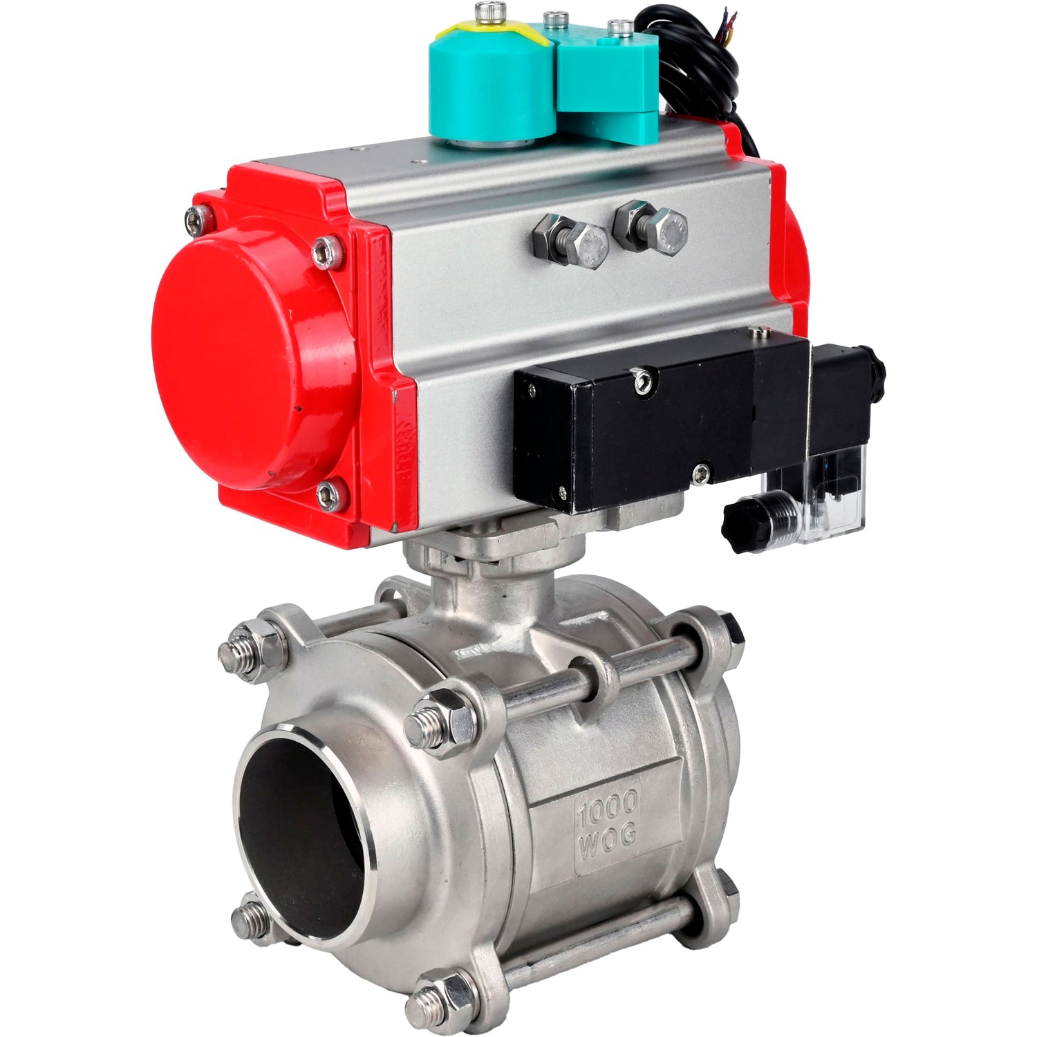 Ball valves Elephant BV3232P(3pc)-FP-W-ISO-H WDVF DN15-32 63 bar full bore, body - 316 stainless steel, seal - PTFE, for welding, with PA-DA pneumatic actuator, pneumatic distributor 4M310-08 NAMUR 220V and ALS200D magnetic switch