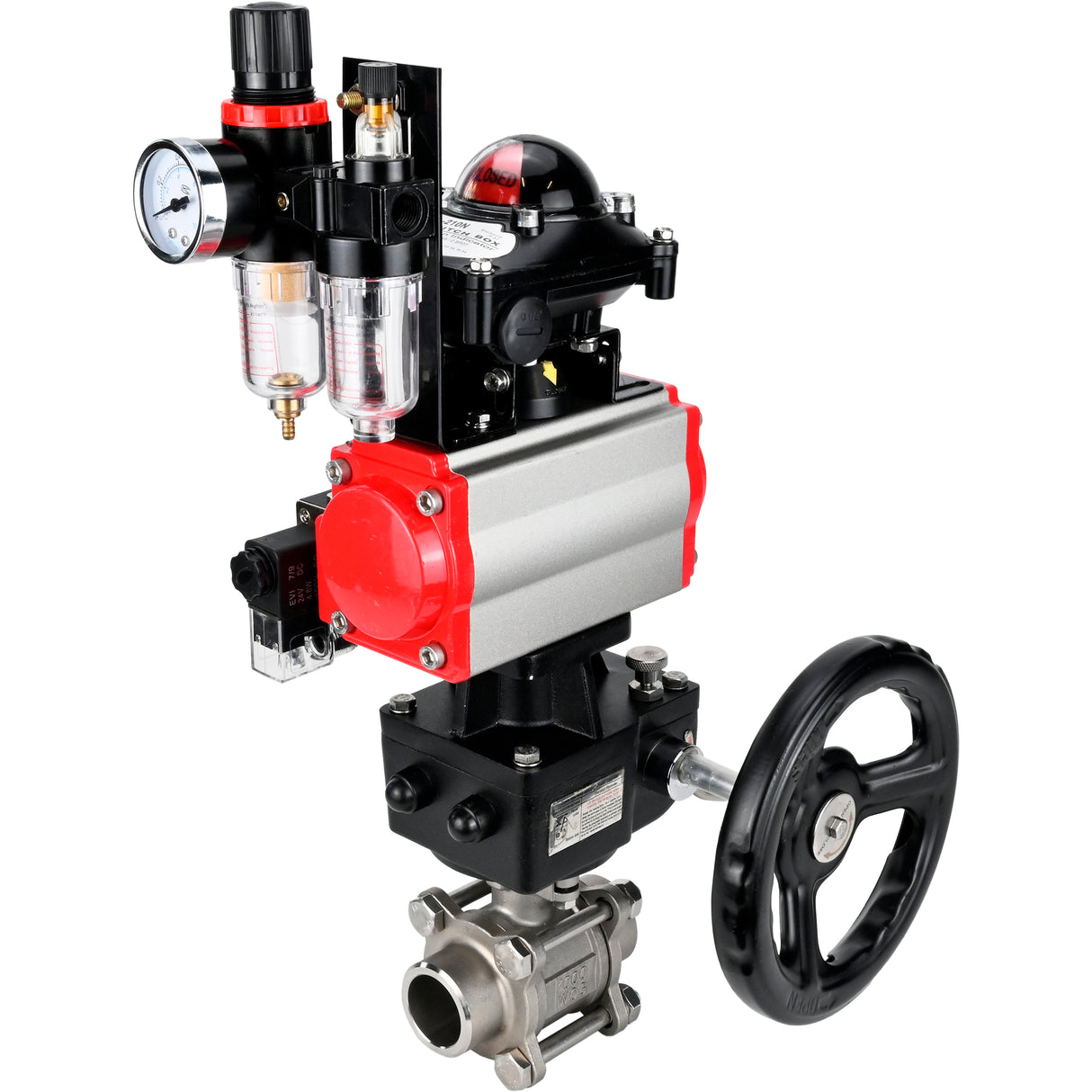 Ball valves Elephant BV3232P(3pc)-FP-W-ISO-H WDVF DN15-32 63 bar full bore, 316 stainless steel, seal - PTFE, for welding, with PA-DA pneumatic actuator, pneumatic distributor 4M310-08 NAMUR 220V, LSU APL-210N, manual backup for MON, ATU AFC2000