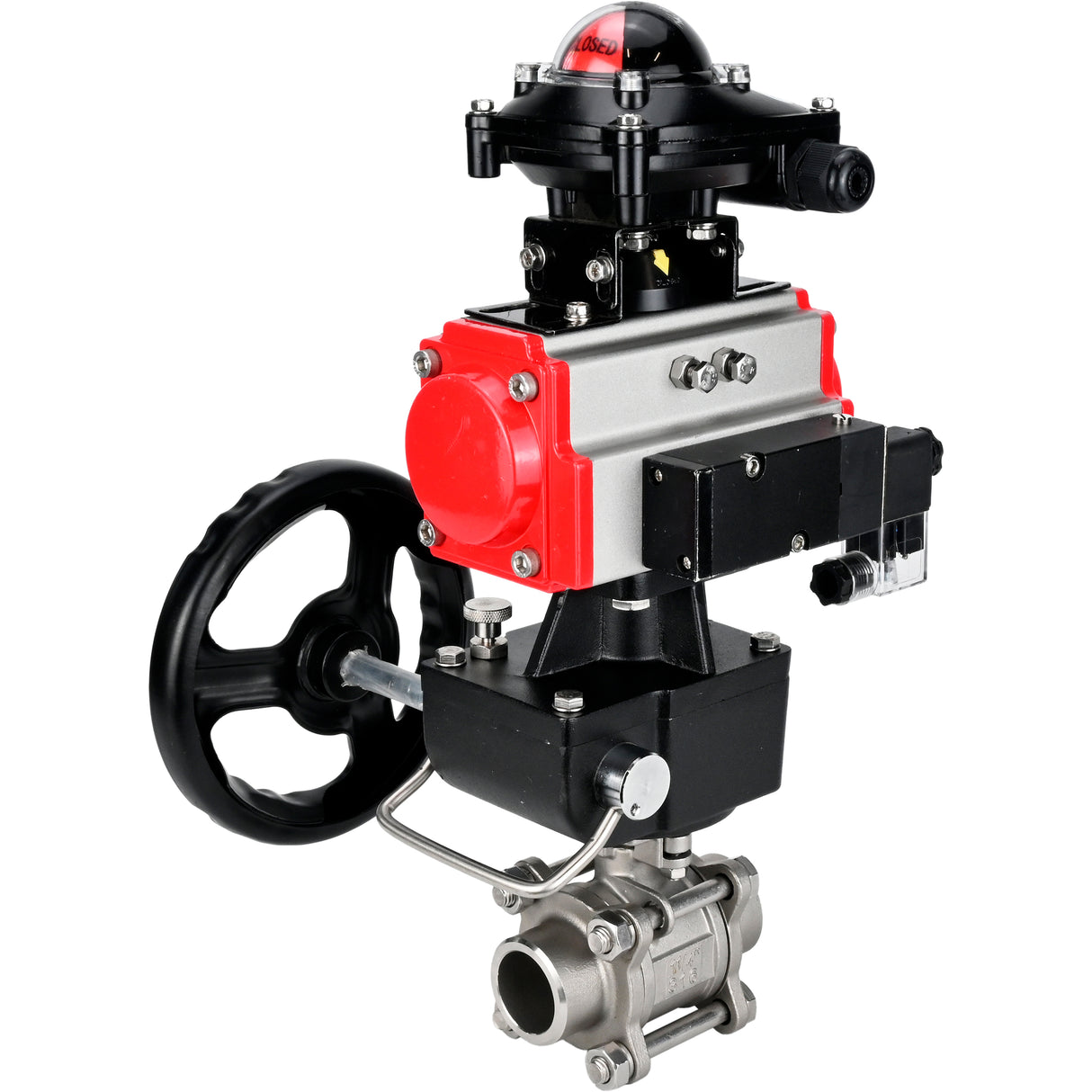 Ball valves Elephant BV3232P(3pc)-FP-W-ISO-H WDVF DN15-32 63 bar full bore, 316 stainless steel, seal - PTFE, for welding, with PA-DA pneumatic actuator, pneumatic distributor 4M310-08 NAMUR 220V, LSU APL-210N, manual backup for MON