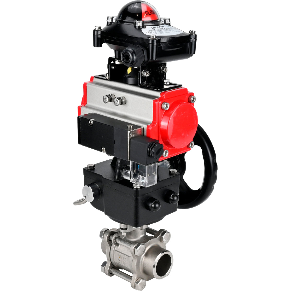 Ball valves Elephant BV3232P(3pc)-FP-W-ISO-H WDVF DN15-32 63 bar full bore, 316 stainless steel, seal - PTFE, for welding, with PA-DA pneumatic actuator, pneumatic distributor 4M310-08 NAMUR 220V, LSU APL-210N, manual backup for MON