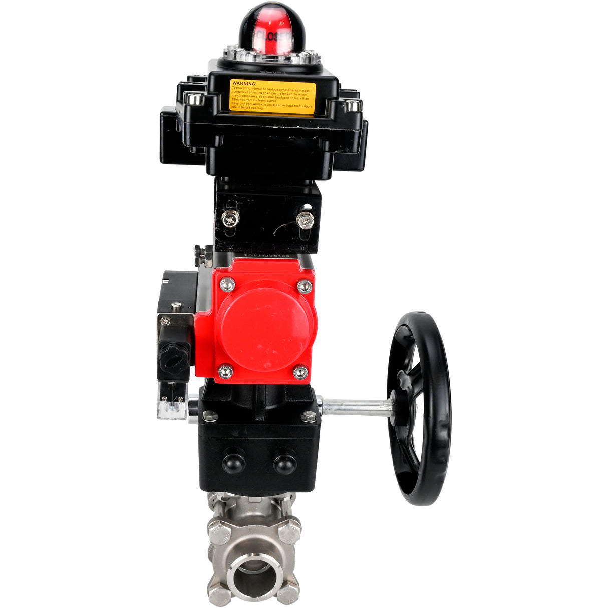 Ball valves Elephant BV3232P(3pc)-FP-W-ISO-H WDVF DN15-32 63 bar full bore, 316 stainless steel, seal - PTFE, for welding, with PA-DA pneumatic actuator, pneumatic distributor 4M310-08 NAMUR 220V, LSU APL-410N EX, manual backup for MON