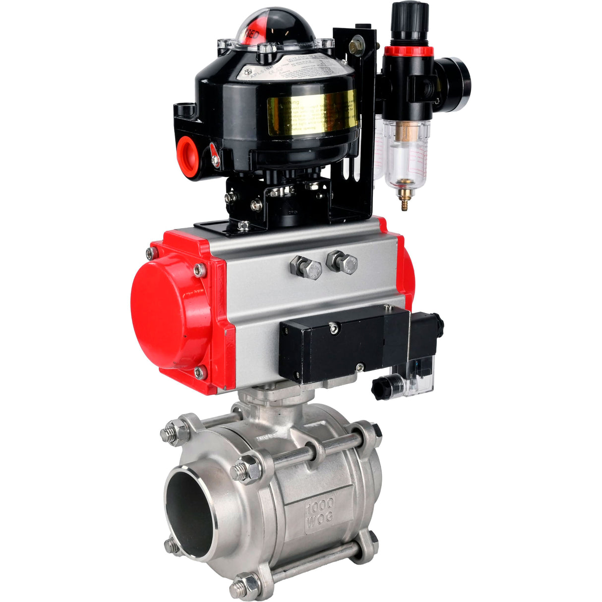 Ball valves Elephant BV3232P(3pc)-FP-W-ISO-H WDVF DN15-32 63 bar full bore, body - 316 stainless steel, seal - PTFE, for welding, with PA-SA pneumatic actuator, pneumatic distributor 4M310-08 NAMUR 24V, LSU APL-510N EX, ATU AFC2000