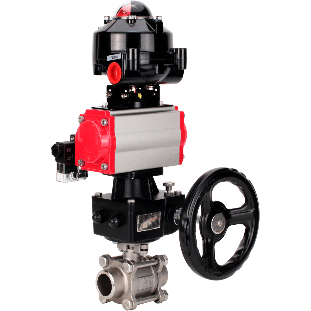 Ball valves Elephant BV3232P(3pc)-FP-W-ISO-H WDVF DN15-32 63 bar full bore, 316 stainless steel, seal - PTFE, for welding, with PA-DA pneumatic actuator, pneumatic distributor 4M310-08 NAMUR 220V, LSU APL-510N EX, manual backup for MON