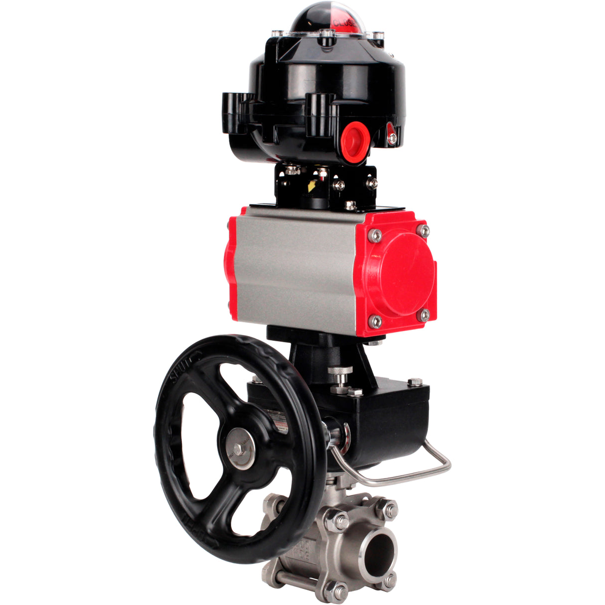 Ball valves Elephant BV3232P(3pc)-FP-W-ISO-H WDVF DN15-32 63 bar full bore, 316 stainless steel, seal - PTFE, for welding, with PA-DA pneumatic actuator, pneumatic distributor 4M310-08 NAMUR 220V, LSU APL-510N EX, manual backup for MON