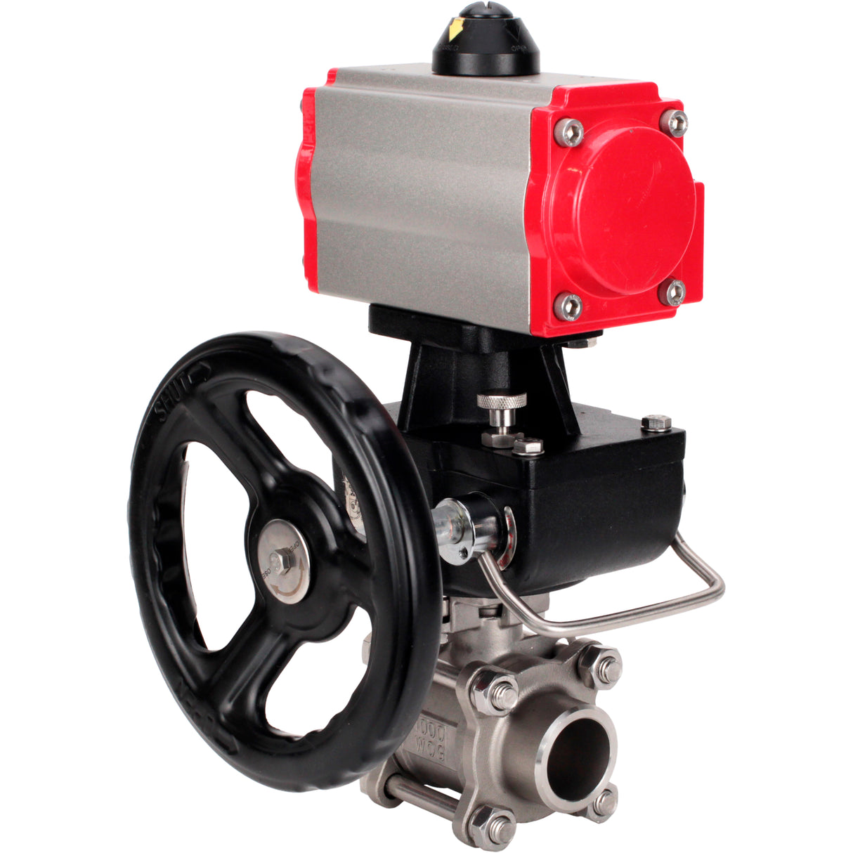 Ball valves Elephant BV3232P(3pc)-FP-W-ISO-H WDVF DN15-32 63 bar full bore, body - 316 stainless steel, seal - PTFE, for welding, with PA-DA pneumatic actuator, pneumatic distributor 4M310-08 NAMUR 24V, manual backup for MON