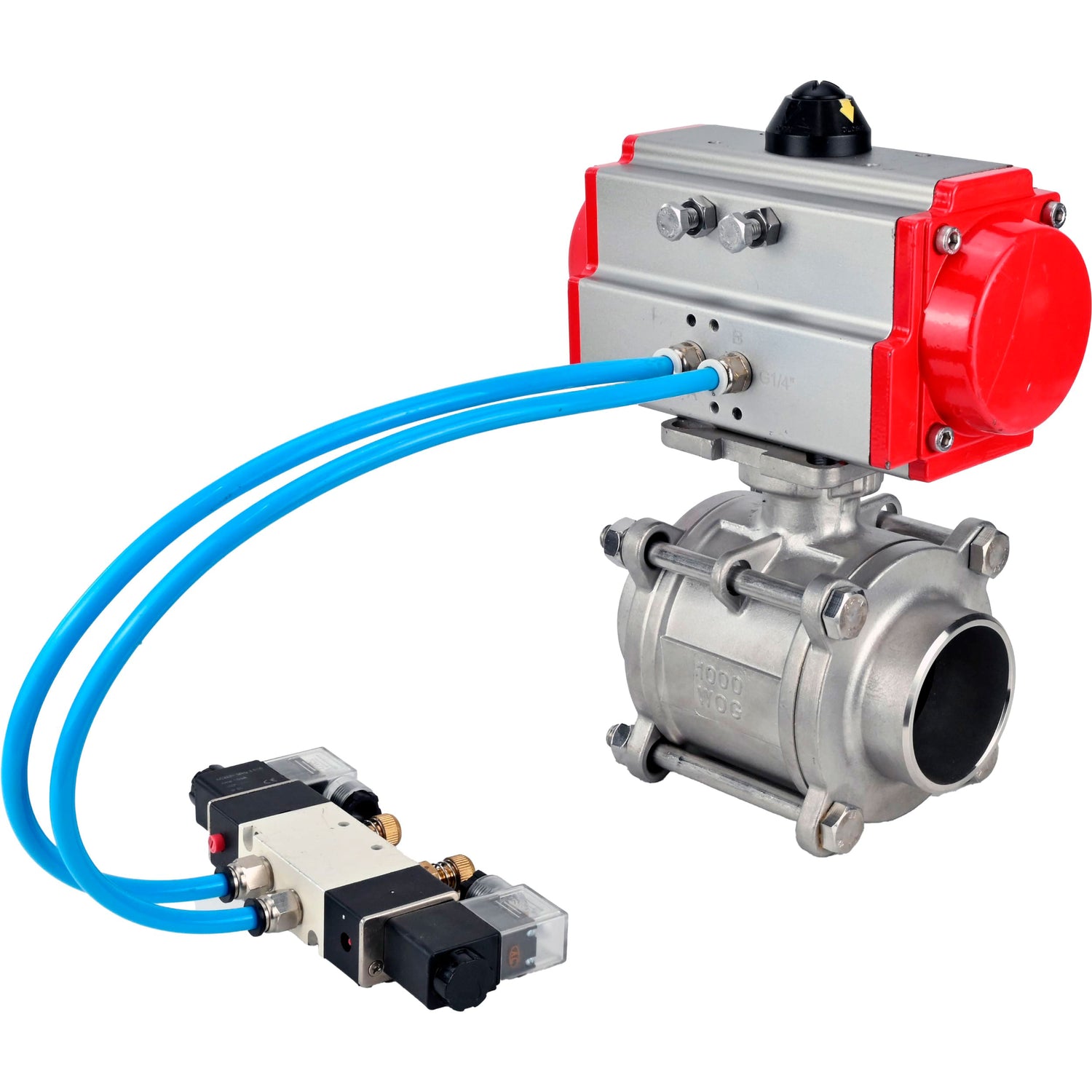 Ball valves Elephant BV3232P(3pc)-FP-W-ISO-H WDVF DN15-32 63 bar full bore, body - 316 stainless steel, seal - PTFE, for welding, with PA-DA pneumatic actuator, pneumatic distributor 4V320-10 220V