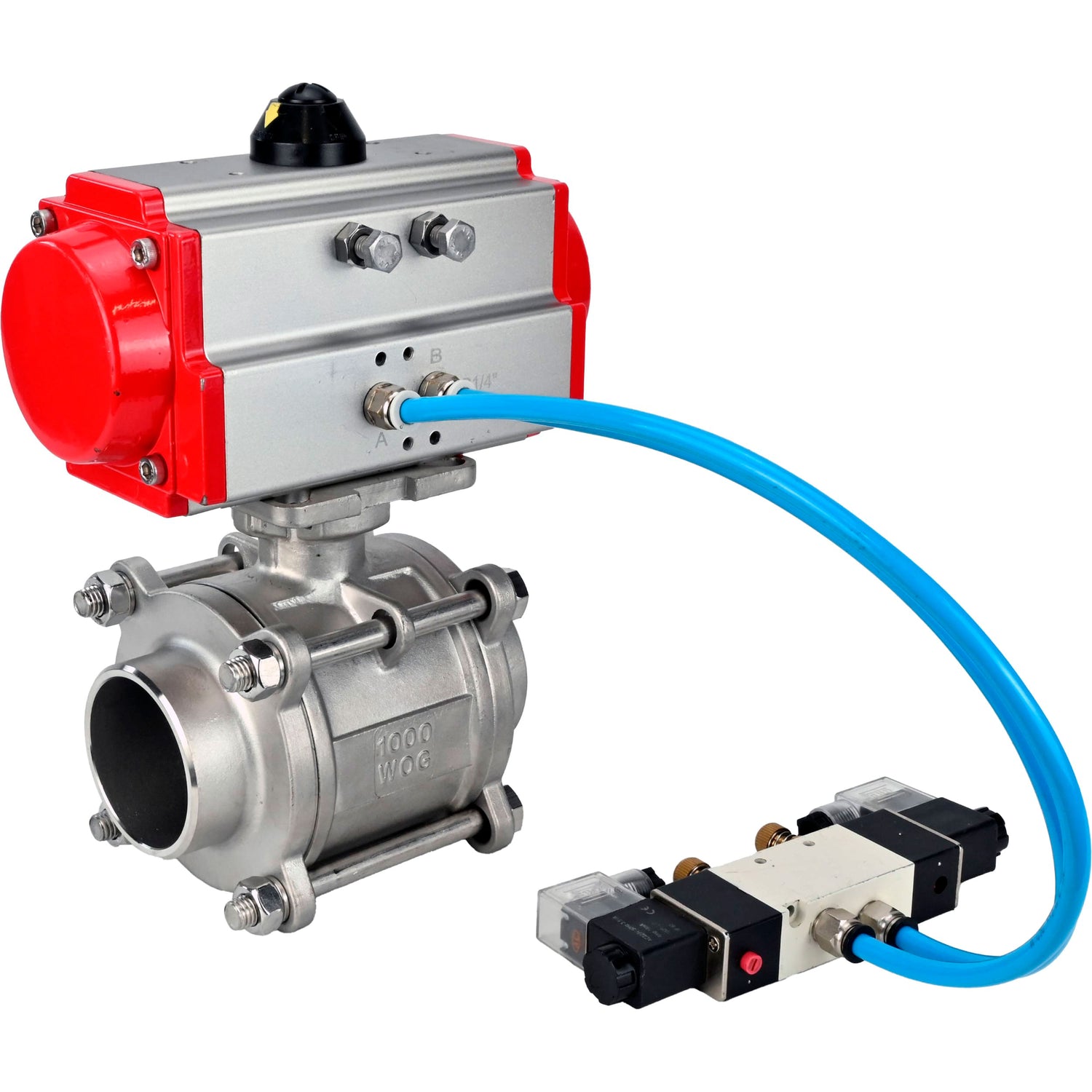 Ball valves Elephant BV3232P(3pc)-FP-W-ISO-H WDVF DN15-32 63 bar full bore, body - 316 stainless steel, seal - PTFE, for welding, with PA-DA pneumatic actuator, pneumatic distributor 4V320-10 220V