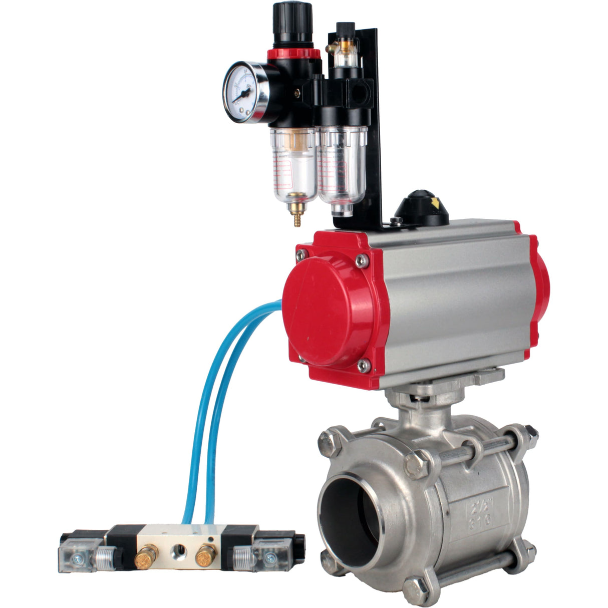 Ball valves Elephant BV3232P(3pc)-FP-W-ISO-H WDVF DN15-32 63 bar full bore, body - 316 stainless steel, seal - PTFE, for welding, with PA-DA pneumatic actuator, pneumatic distributor 4V320-10 220V, ATU AFC2000