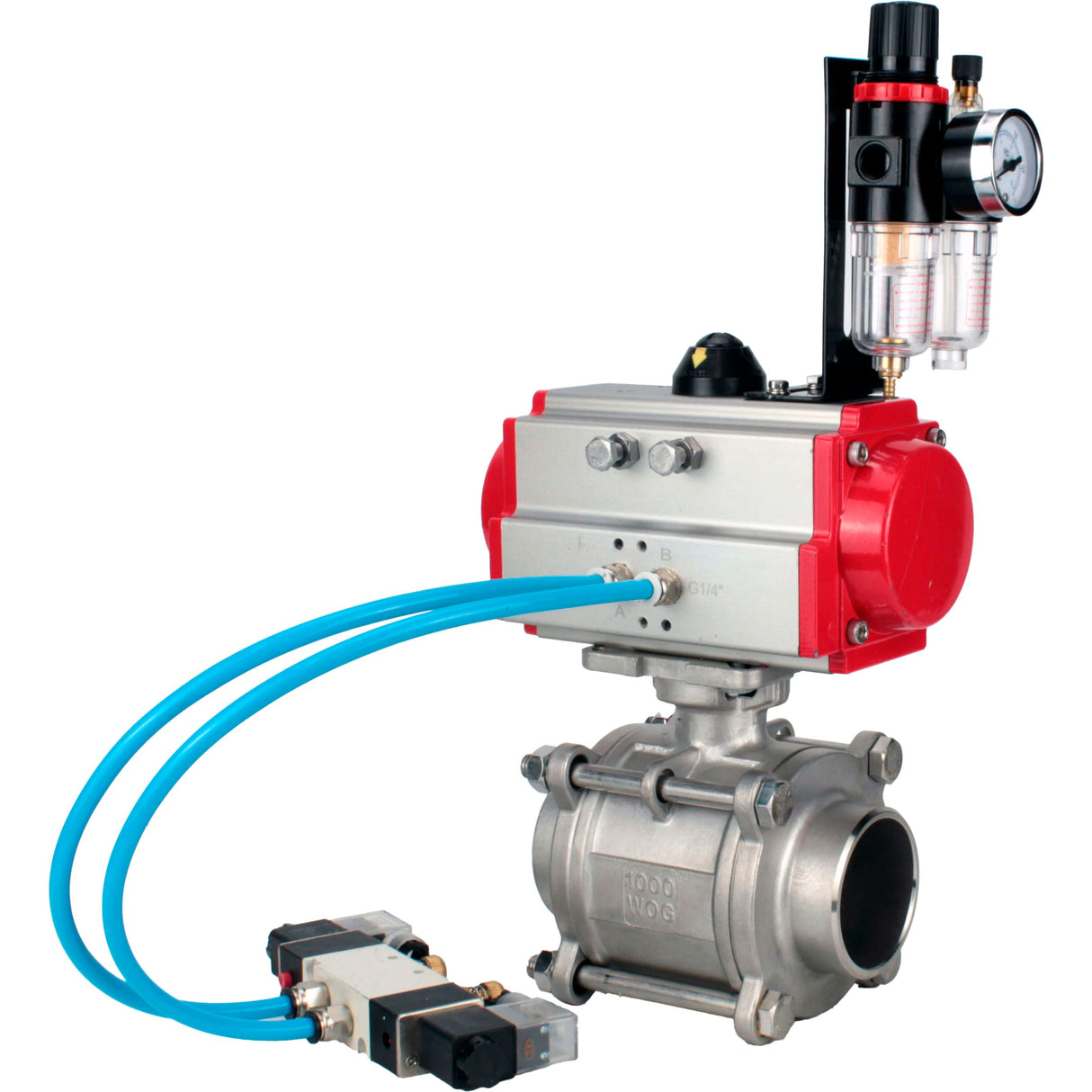 Ball valves Elephant BV3232P(3pc)-FP-W-ISO-H WDVF DN15-32 63 bar full bore, body - 316 stainless steel, seal - PTFE, for welding, with PA-DA pneumatic actuator, pneumatic distributor 4V320-10 220V, ATU AFC2000