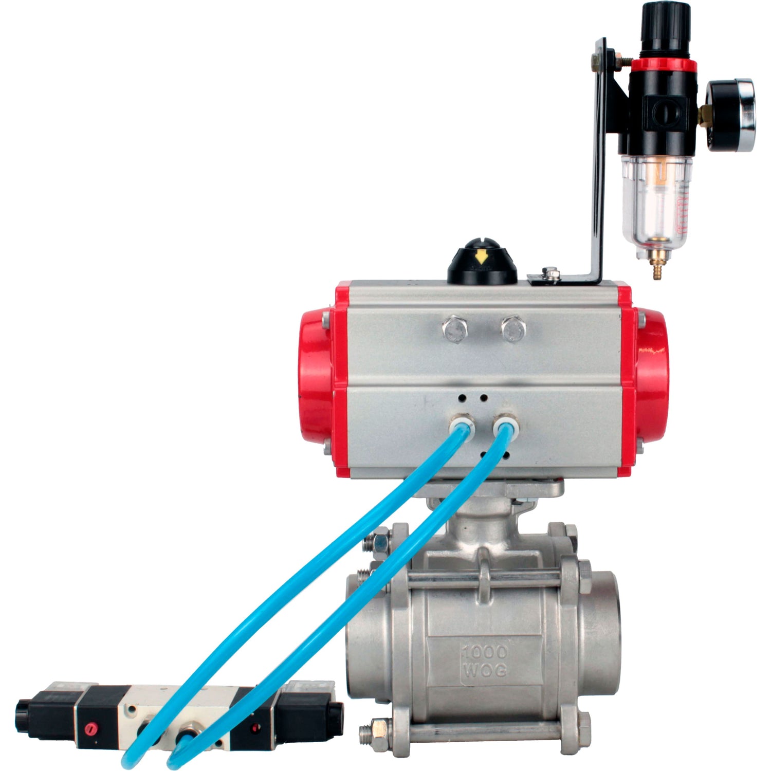 Ball valves Elephant BV3232P(3pc)-FP-W-ISO-H WDVF DN15-32 63 bar full bore, body - 316 stainless steel, seal - PTFE, for welding, with PA-DA pneumatic actuator, pneumatic distributor 4V320-10 220V, ATU AFC2000