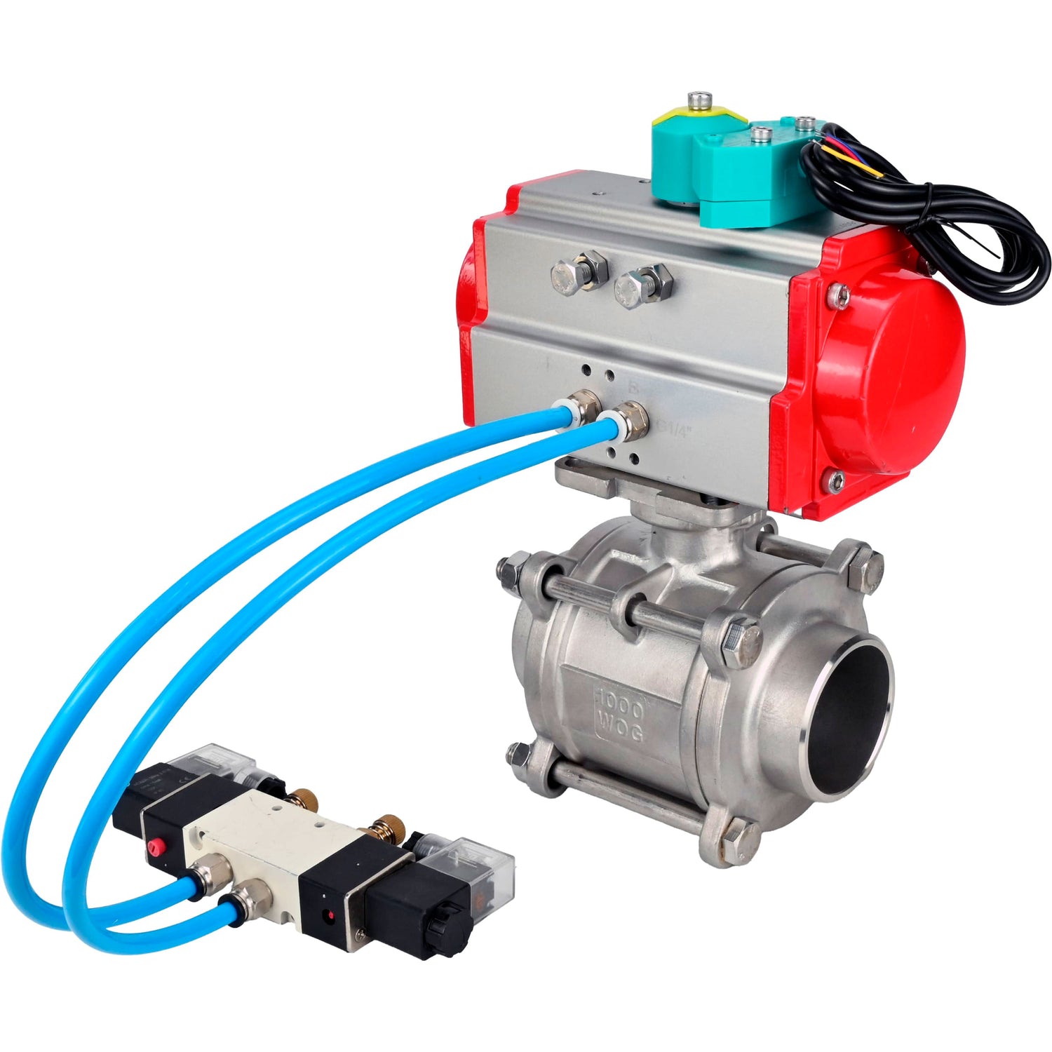 Ball valves Elephant BV3232P(3pc)-FP-W-ISO-H WDVF DN15-32 63 bar full bore, body - 316 stainless steel, seal - PTFE, for welding, with PA-DA pneumatic actuator, pneumatic distributor 4V320-10 220V and ALS200D magnetic switch