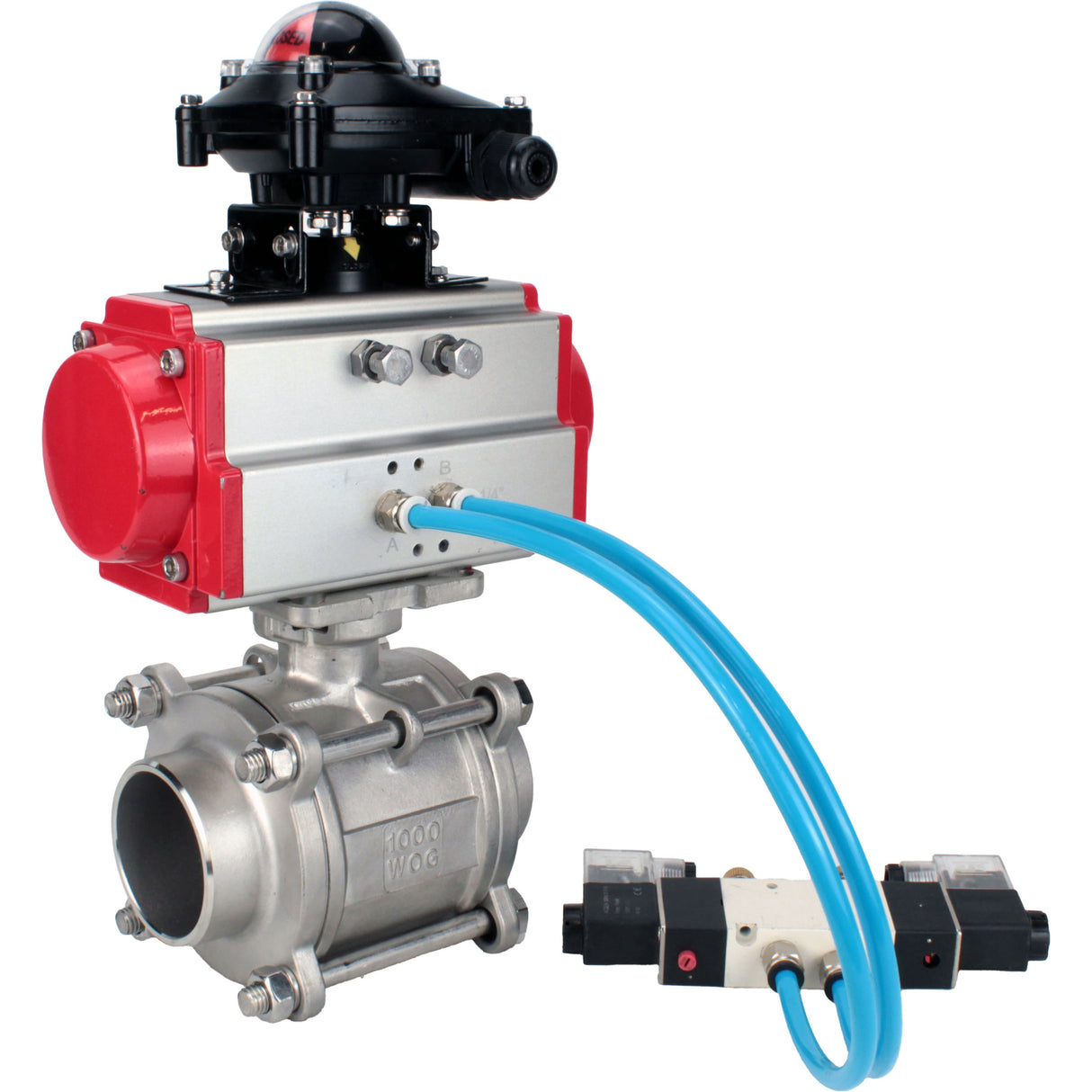 Ball valves Elephant BV3232P(3pc)-FP-W-ISO-H WDVF DN15-32 63 bar full bore, body - 316 stainless steel, seal - PTFE, for welding, with PA-DA pneumatic actuator, pneumatic distributor 4V320-10 220V, LSU APL-210N