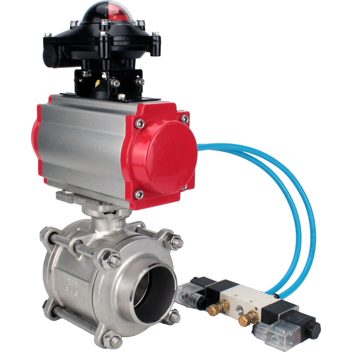 Ball valves Elephant BV3232P(3pc)-FP-W-ISO-H WDVF DN15-32 63 bar full bore, body - 316 stainless steel, seal - PTFE, for welding, with PA-DA pneumatic actuator, pneumatic distributor 4V320-10 220V, LSU APL-210N