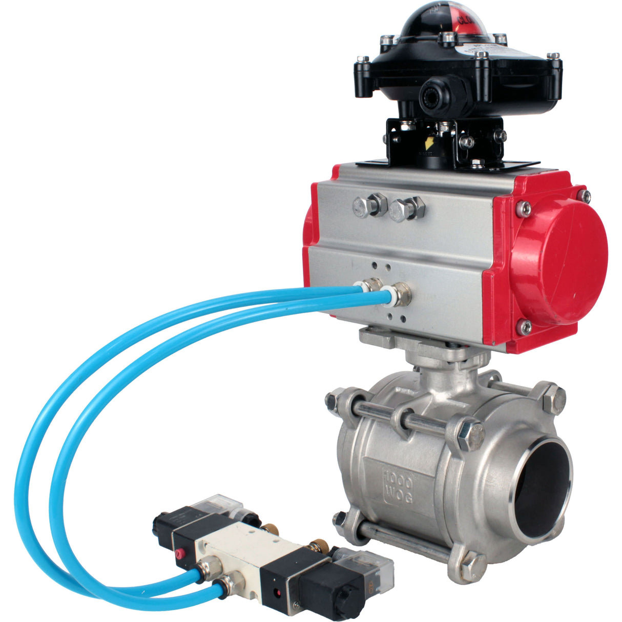 Ball valves Elephant BV3232P(3pc)-FP-W-ISO-H WDVF DN15-32 63 bar full bore, body - 316 stainless steel, seal - PTFE, for welding, with PA-DA pneumatic actuator, pneumatic distributor 4V320-10 220V, LSU APL-210N
