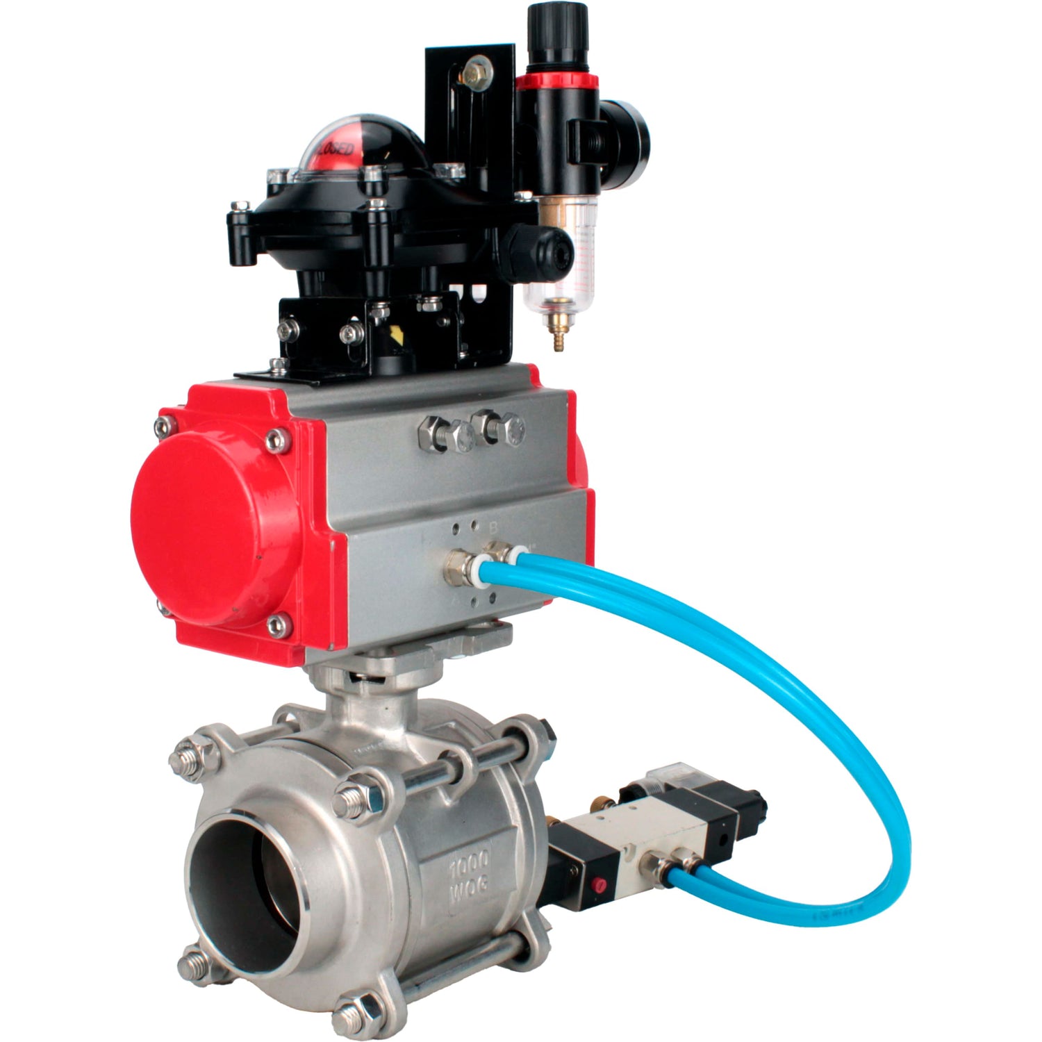 Ball valves Elephant BV3232P(3pc)-FP-W-ISO-H WDVF DN15-32 63 bar full bore, body - 316 stainless steel, seal - PTFE, for welding, with PA-DA pneumatic actuator, pneumatic distributor 4V320-10 220V, LSU APL-210N, ATU AFC2000