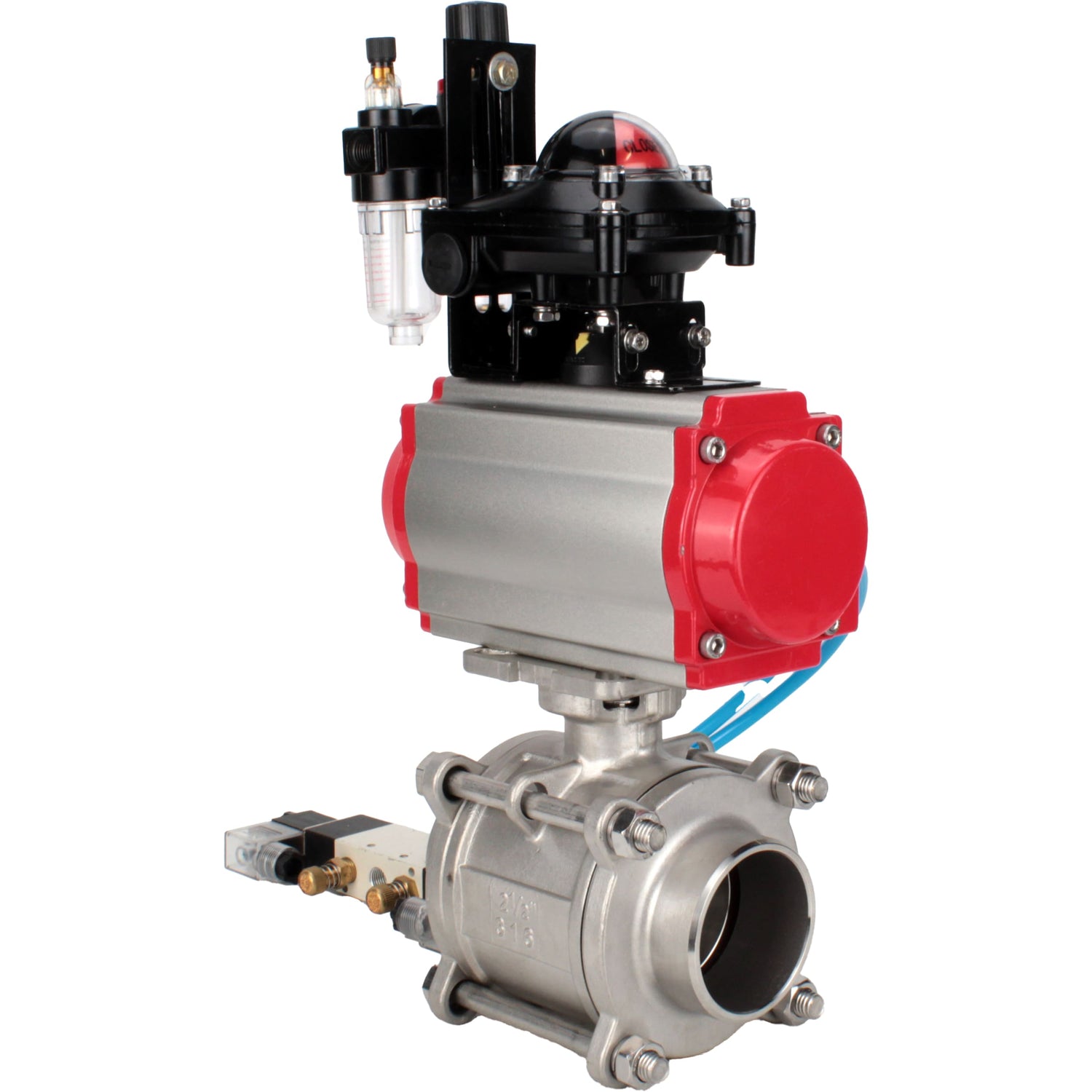 Ball valves Elephant BV3232P(3pc)-FP-W-ISO-H WDVF DN15-32 63 bar full bore, body - 316 stainless steel, seal - PTFE, for welding, with PA-DA pneumatic actuator, pneumatic distributor 4V320-10 220V, LSU APL-210N, ATU AFC2000