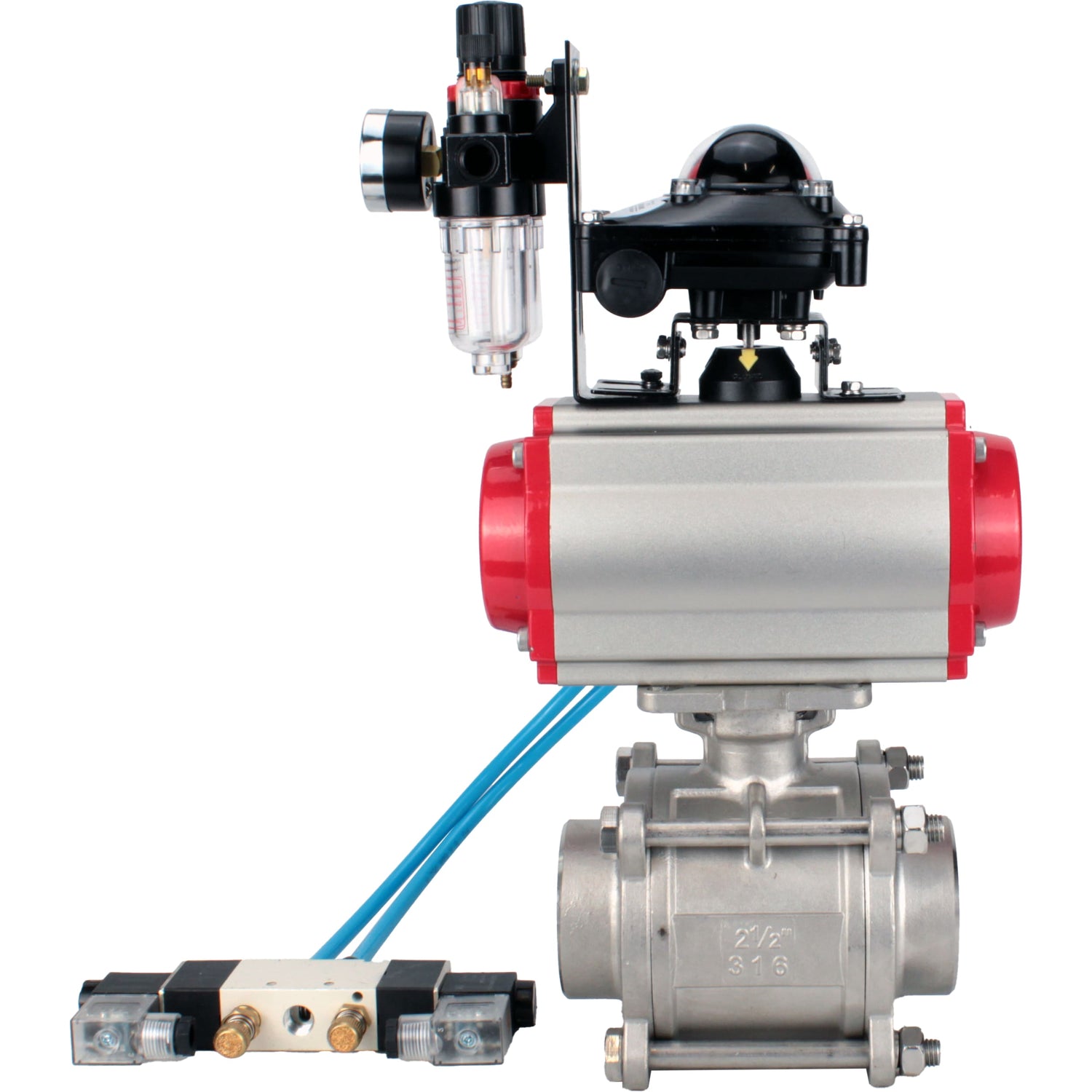 Ball valves Elephant BV3232P(3pc)-FP-W-ISO-H WDVF DN15-32 63 bar full bore, body - 316 stainless steel, seal - PTFE, for welding, with PA-DA pneumatic actuator, pneumatic distributor 4V320-10 220V, LSU APL-210N, ATU AFC2000