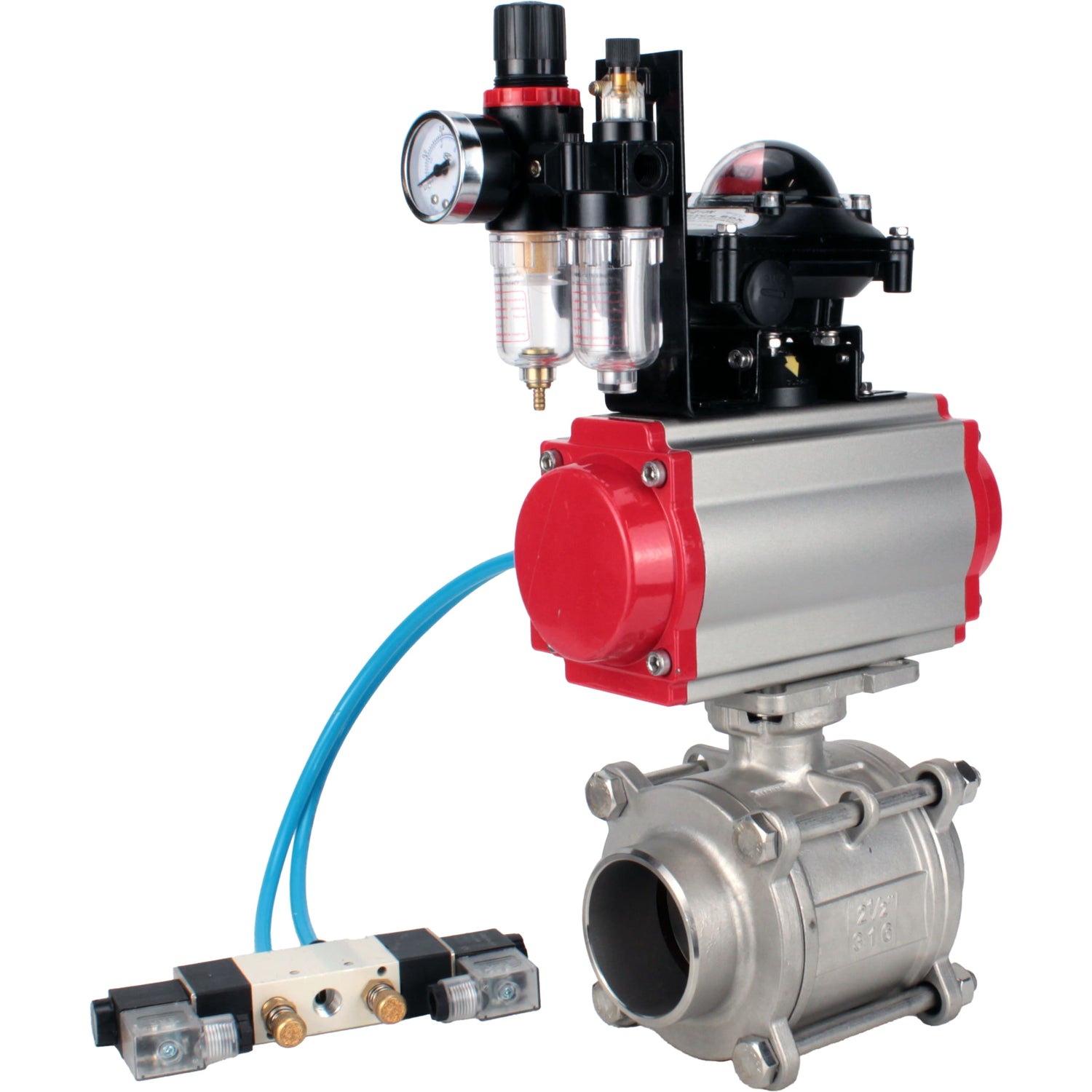 Ball valves Elephant BV3232P(3pc)-FP-W-ISO-H WDVF DN15-32 63 bar full bore, body - 316 stainless steel, seal - PTFE, for welding, with PA-DA pneumatic actuator, pneumatic distributor 4V320-10 220V, LSU APL-210N, ATU AFC2000