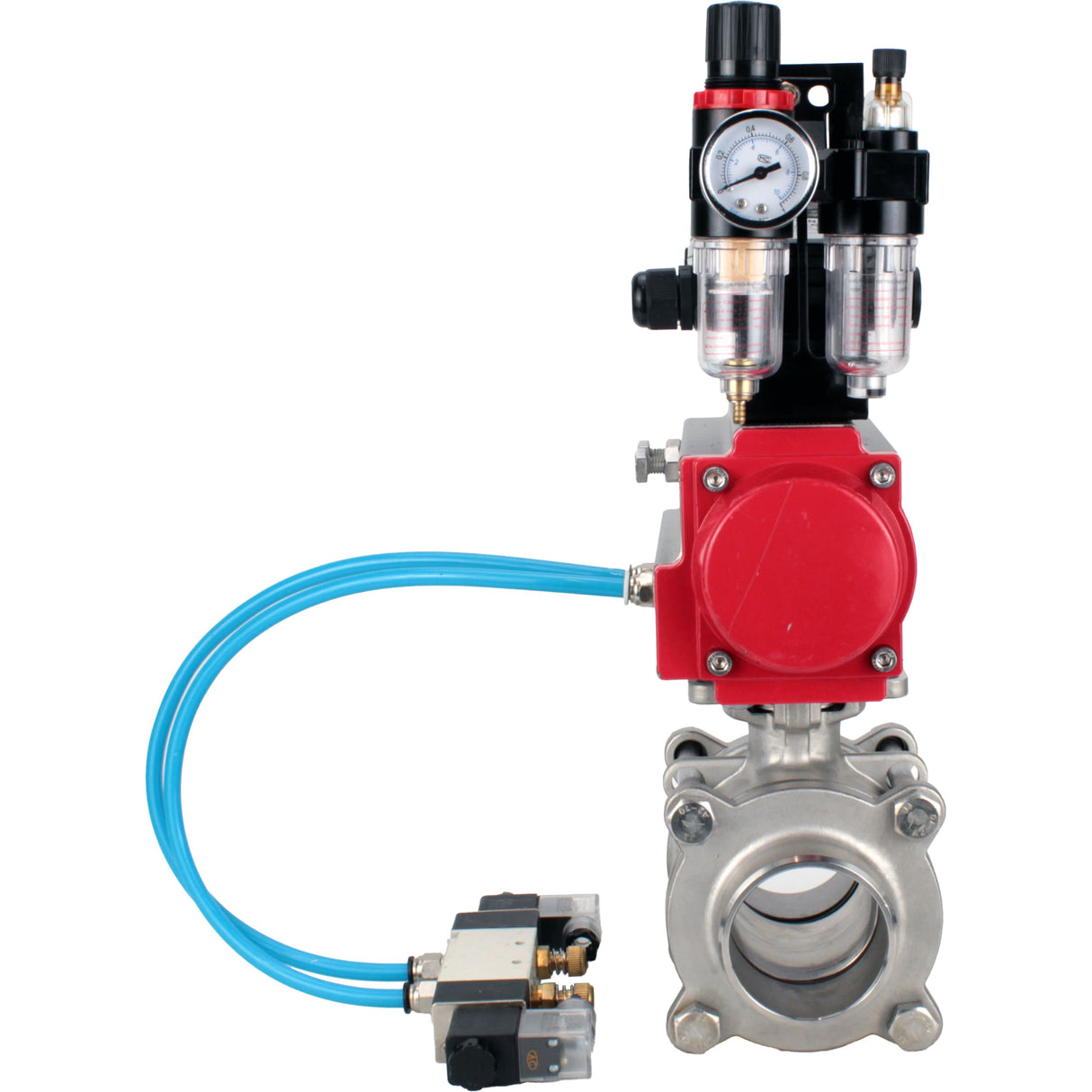 Ball valves Elephant BV3232P(3pc)-FP-W-ISO-H WDVF DN15-32 63 bar full bore, body - 316 stainless steel, seal - PTFE, for welding, with PA-DA pneumatic actuator, pneumatic distributor 4V320-10 220V, LSU APL-210N, ATU AFC2000