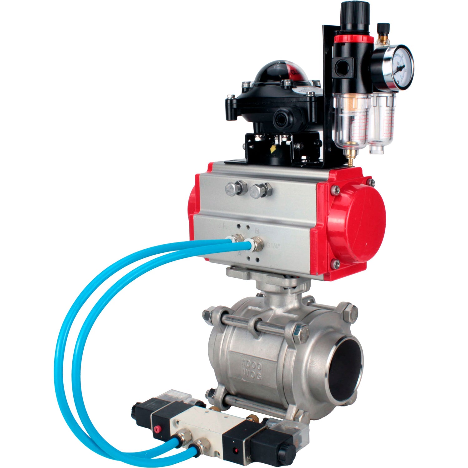 Ball valves Elephant BV3232P(3pc)-FP-W-ISO-H WDVF DN15-32 63 bar full bore, body - 316 stainless steel, seal - PTFE, for welding, with PA-DA pneumatic actuator, pneumatic distributor 4V320-10 220V, LSU APL-210N, ATU AFC2000