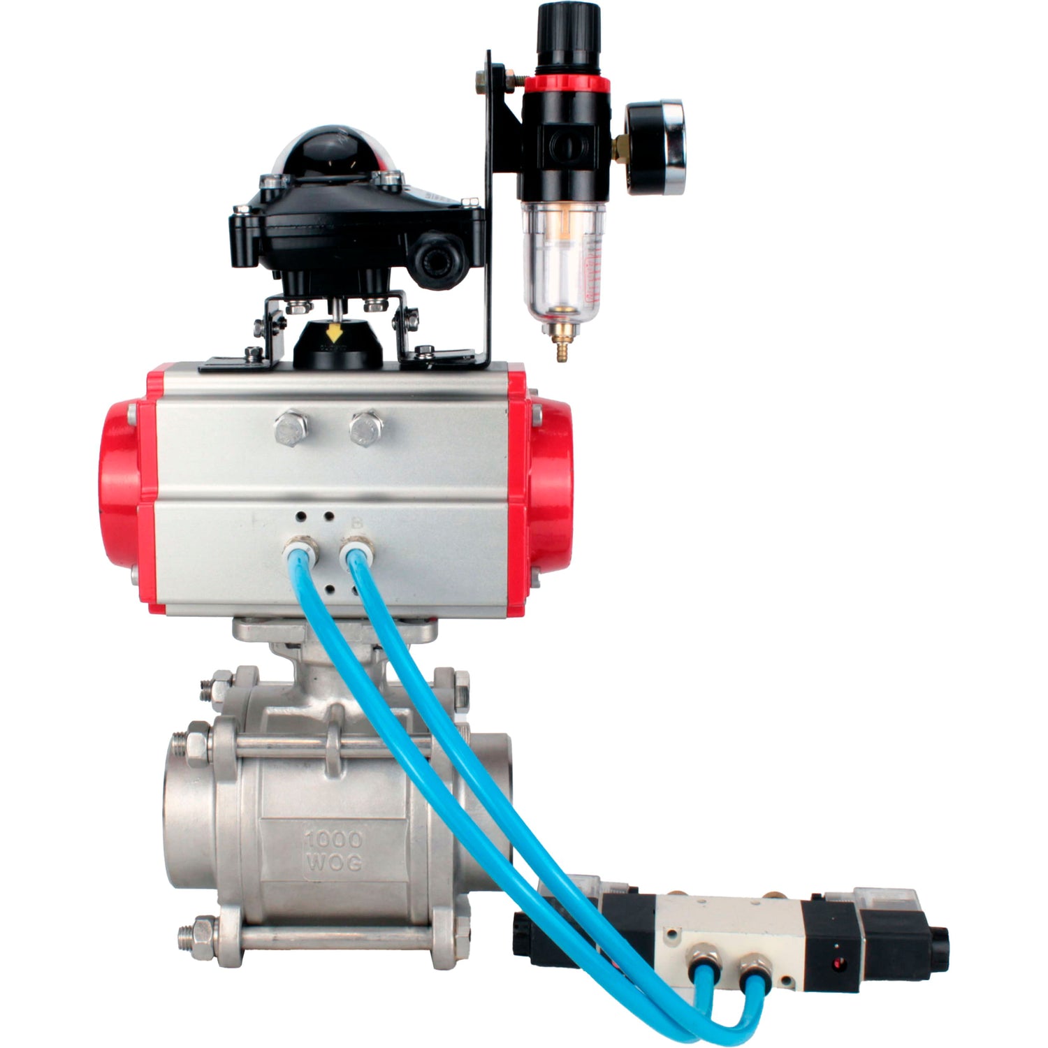 Ball valves Elephant BV3232P(3pc)-FP-W-ISO-H WDVF DN15-32 63 bar full bore, body - 316 stainless steel, seal - PTFE, for welding, with PA-DA pneumatic actuator, pneumatic distributor 4V320-10 220V, LSU APL-210N, ATU AFC2000