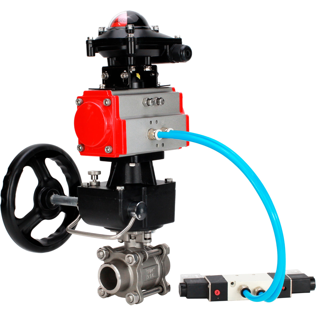 Ball valves Elephant BV3232P(3pc)-FP-W-ISO-H WDVF DN15-32 63 bar full bore, 316 stainless steel, seal - PTFE, for welding, with PA-DA pneumatic actuator, with pneumatic distributor 4V320-10 220V, LSU APL-210N, manual backup for MON