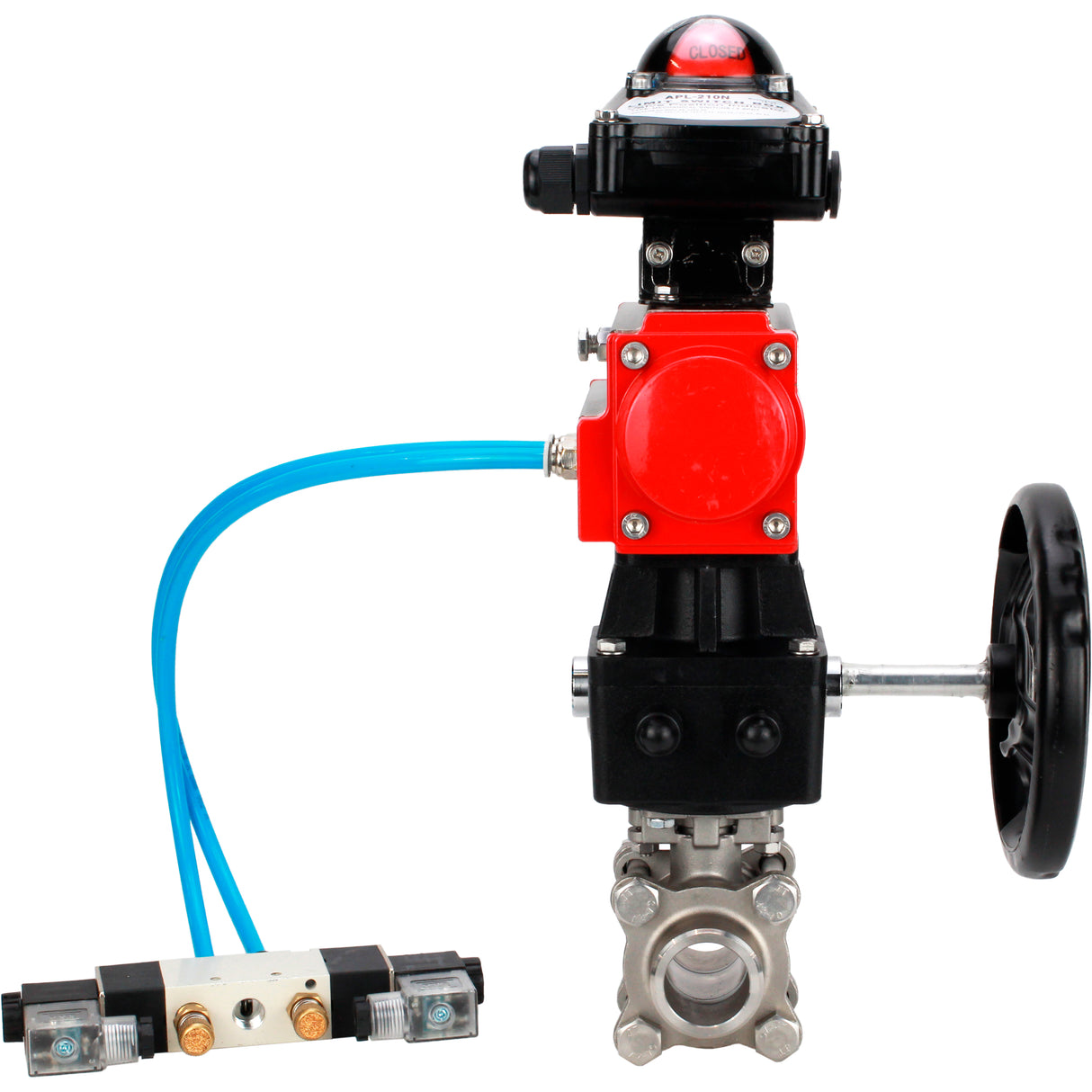 Ball valves Elephant BV3232P(3pc)-FP-W-ISO-H WDVF DN15-32 63 bar full bore, 316 stainless steel, seal - PTFE, for welding, with PA-DA pneumatic actuator, with pneumatic distributor 4V320-10 220V, LSU APL-210N, manual backup for MON