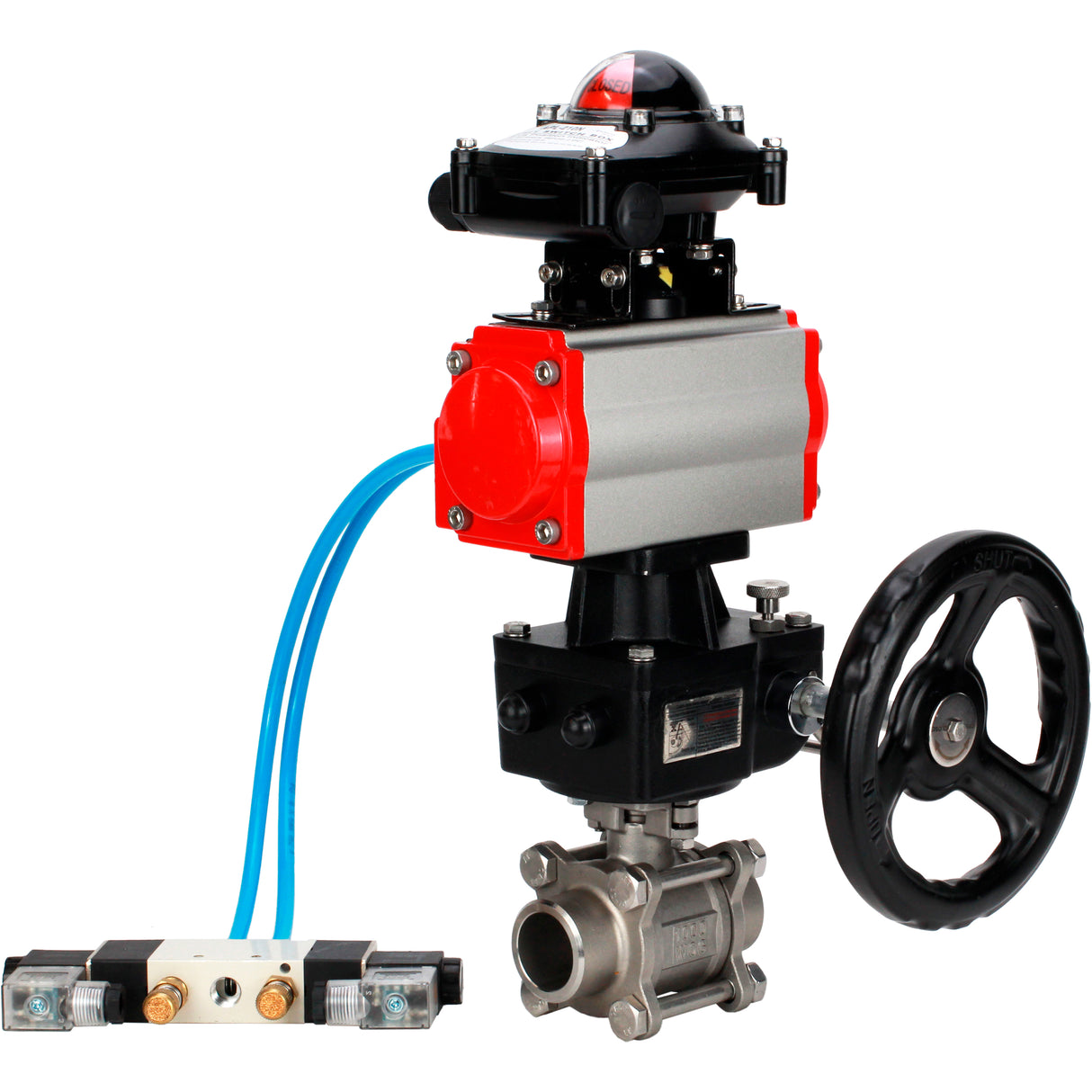 Ball valves Elephant BV3232P(3pc)-FP-W-ISO-H WDVF DN15-32 63 bar full bore, 316 stainless steel, seal - PTFE, for welding, with PA-DA pneumatic actuator, with pneumatic distributor 4V320-10 220V, LSU APL-210N, manual backup for MON