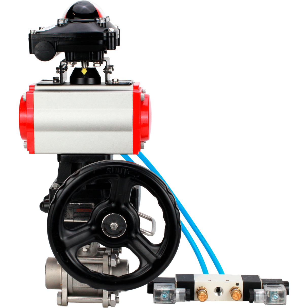 Ball valves Elephant BV3232P(3pc)-FP-W-ISO-H WDVF DN15-32 63 bar full bore, 316 stainless steel, seal - PTFE, for welding, with PA-DA pneumatic actuator, with pneumatic distributor 4V320-10 220V, LSU APL-210N, manual backup for MON