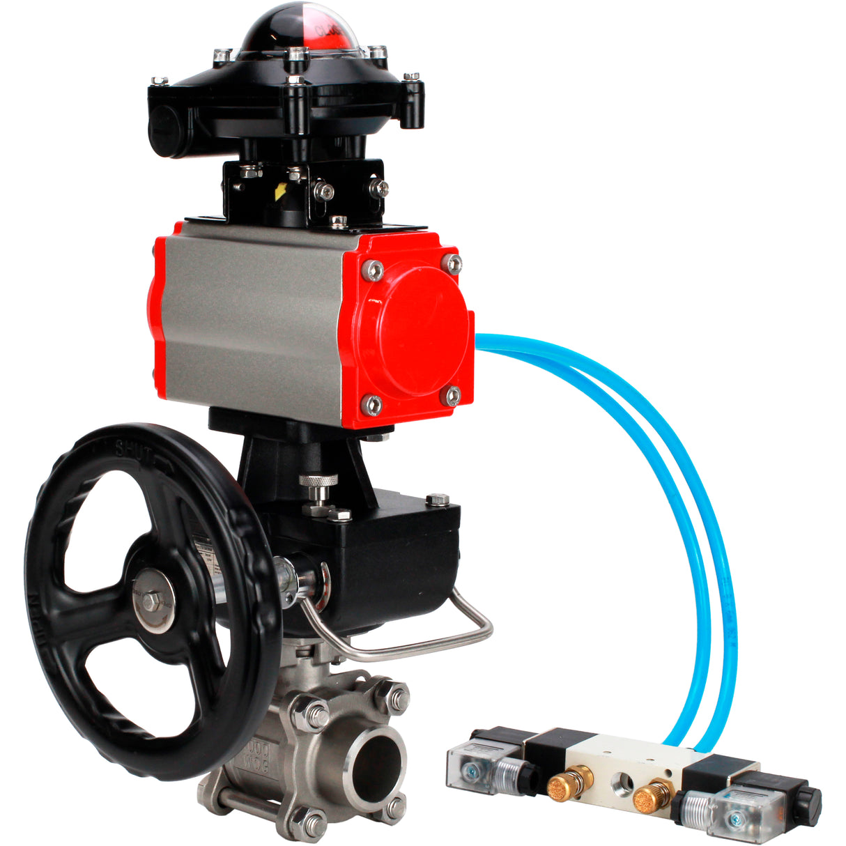 Ball valves Elephant BV3232P(3pc)-FP-W-ISO-H WDVF DN15-32 63 bar full bore, 316 stainless steel, seal - PTFE, for welding, with PA-DA pneumatic actuator, with pneumatic distributor 4V320-10 220V, LSU APL-210N, manual backup for MON