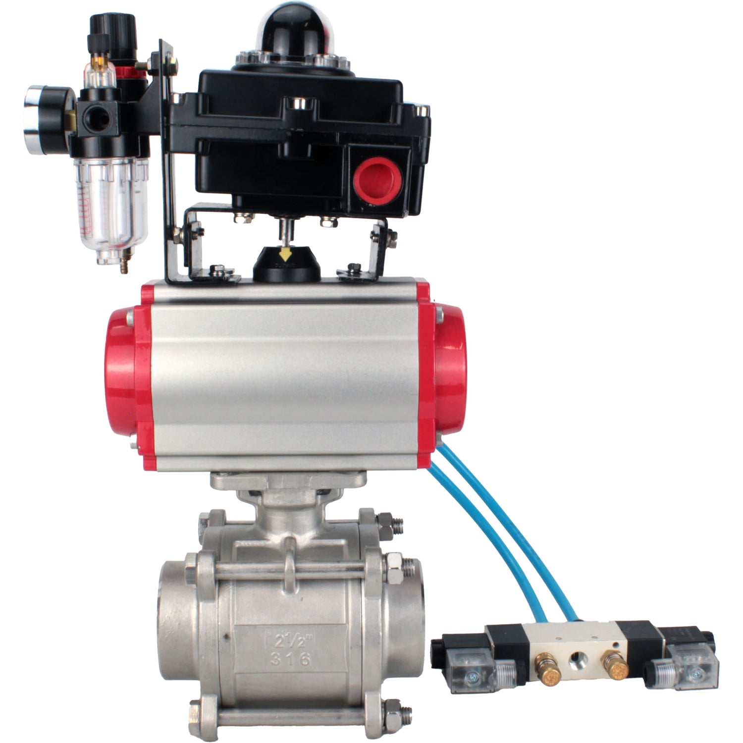 Ball valves Elephant BV3232P(3pc)-FP-W-ISO-H WDVF DN15-32 63 bar full bore, body - 316 stainless steel, seal - PTFE, for welding, with PA-DA pneumatic actuator, pneumatic distributor 4V320-10 220V, LSU APL-410N EX, ATU AFC2000