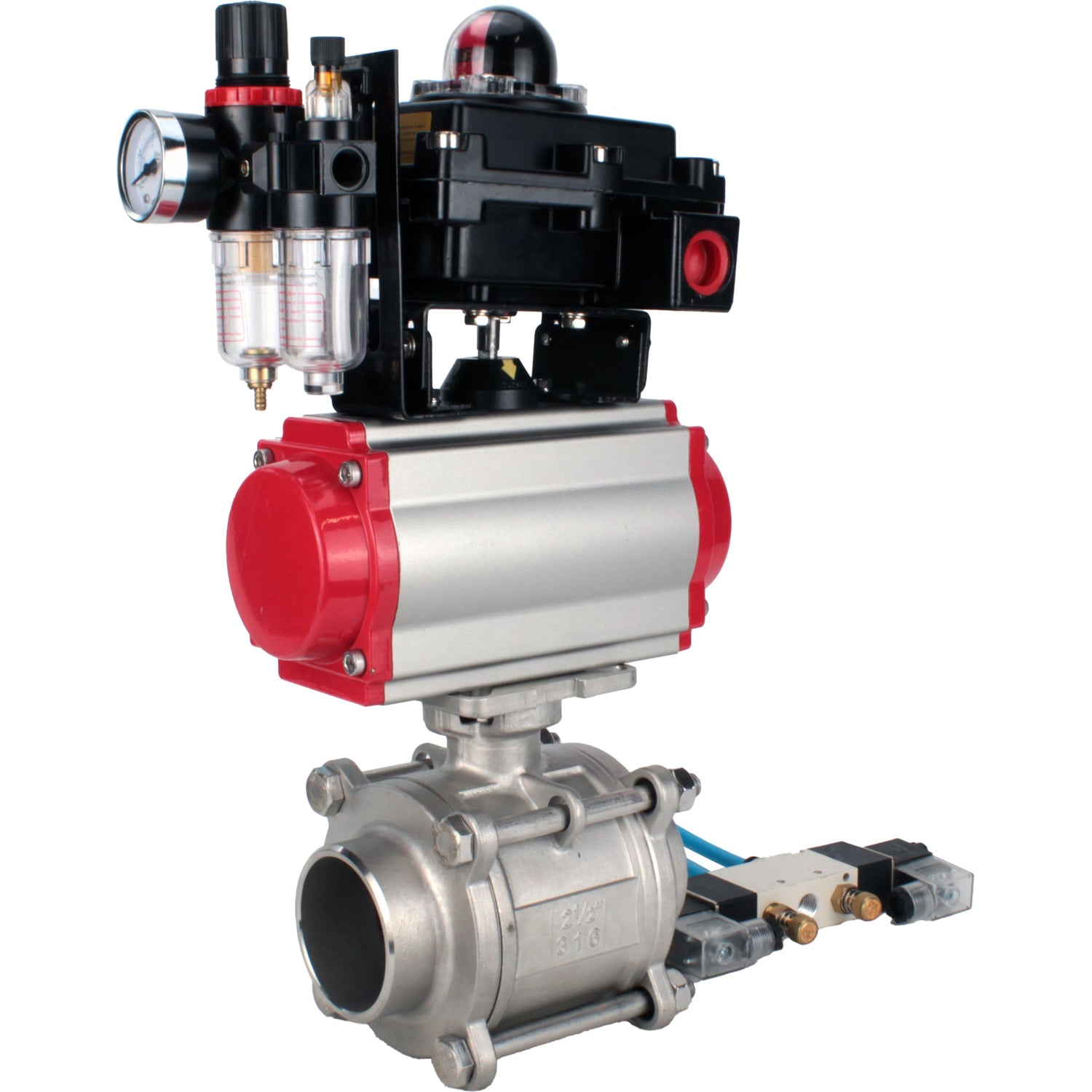 Ball valves Elephant BV3232P(3pc)-FP-W-ISO-H WDVF DN15-32 63 bar full bore, body - 316 stainless steel, seal - PTFE, for welding, with PA-DA pneumatic actuator, pneumatic distributor 4V320-10 220V, LSU APL-410N EX, ATU AFC2000