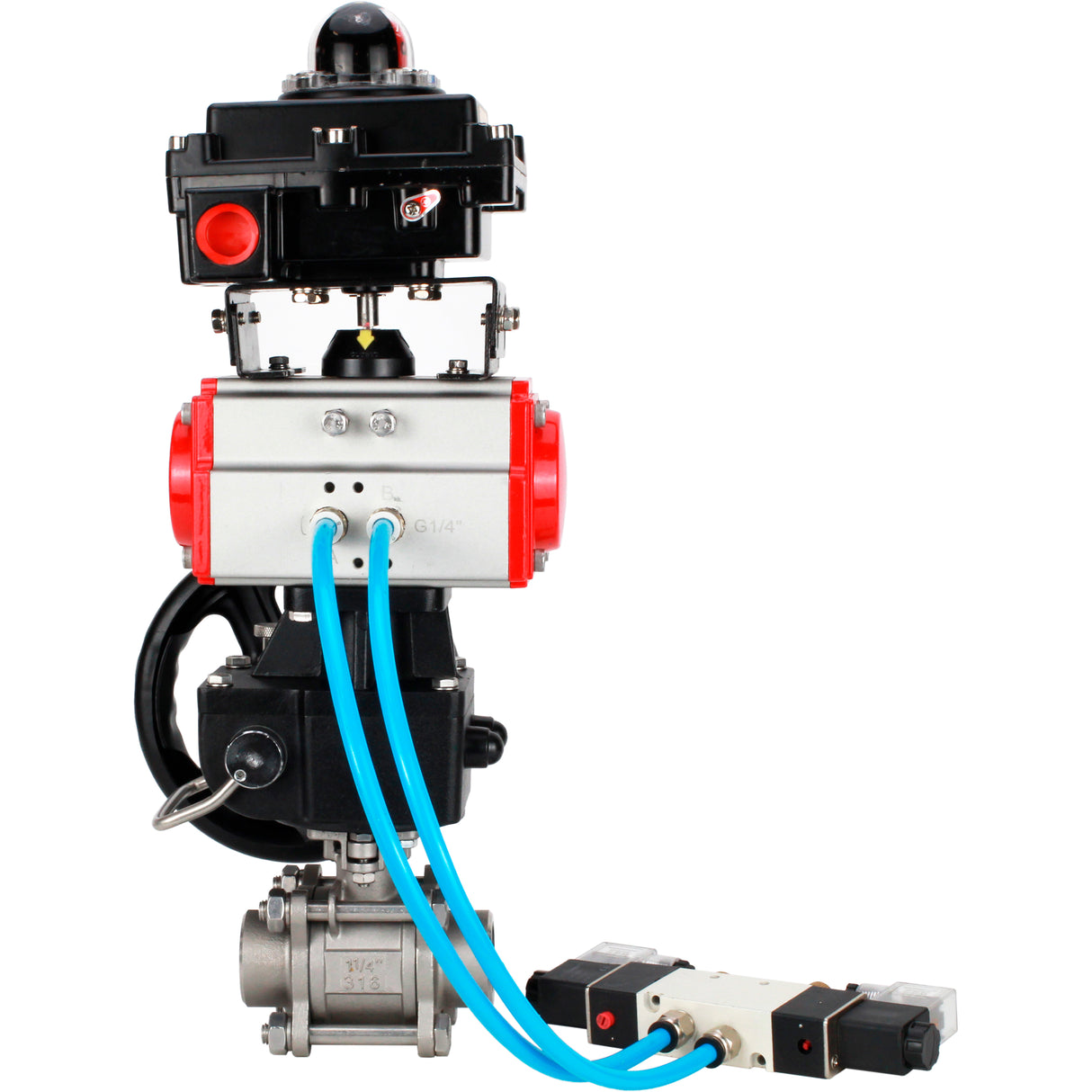 Ball valves Elephant BV3232P(3pc)-FP-W-ISO-H WDVF DN15-32 63 bar full bore, 316 stainless steel, seal - PTFE, for welding, with PA-DA pneumatic actuator, with pneumatic distributor 4V320-10 220V, LSU APL-410N EX, manual backup for MON