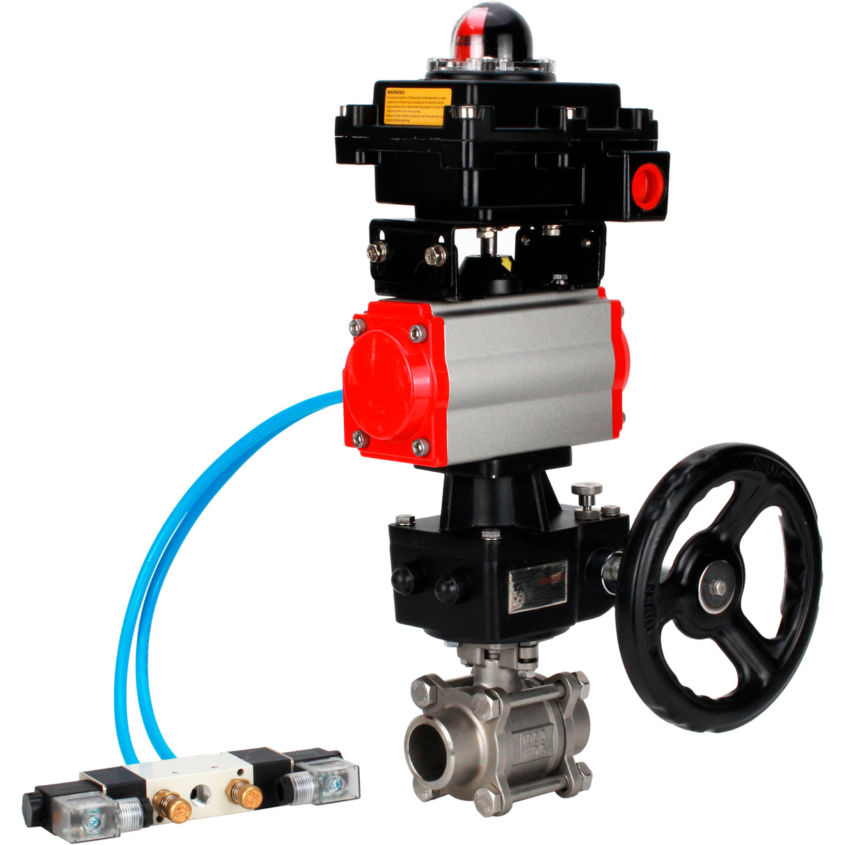 Ball valves Elephant BV3232P(3pc)-FP-W-ISO-H WDVF DN15-32 63 bar full bore, 316 stainless steel, seal - PTFE, for welding, with PA-DA pneumatic actuator, with pneumatic distributor 4V320-10 220V, LSU APL-410N EX, manual backup for MON