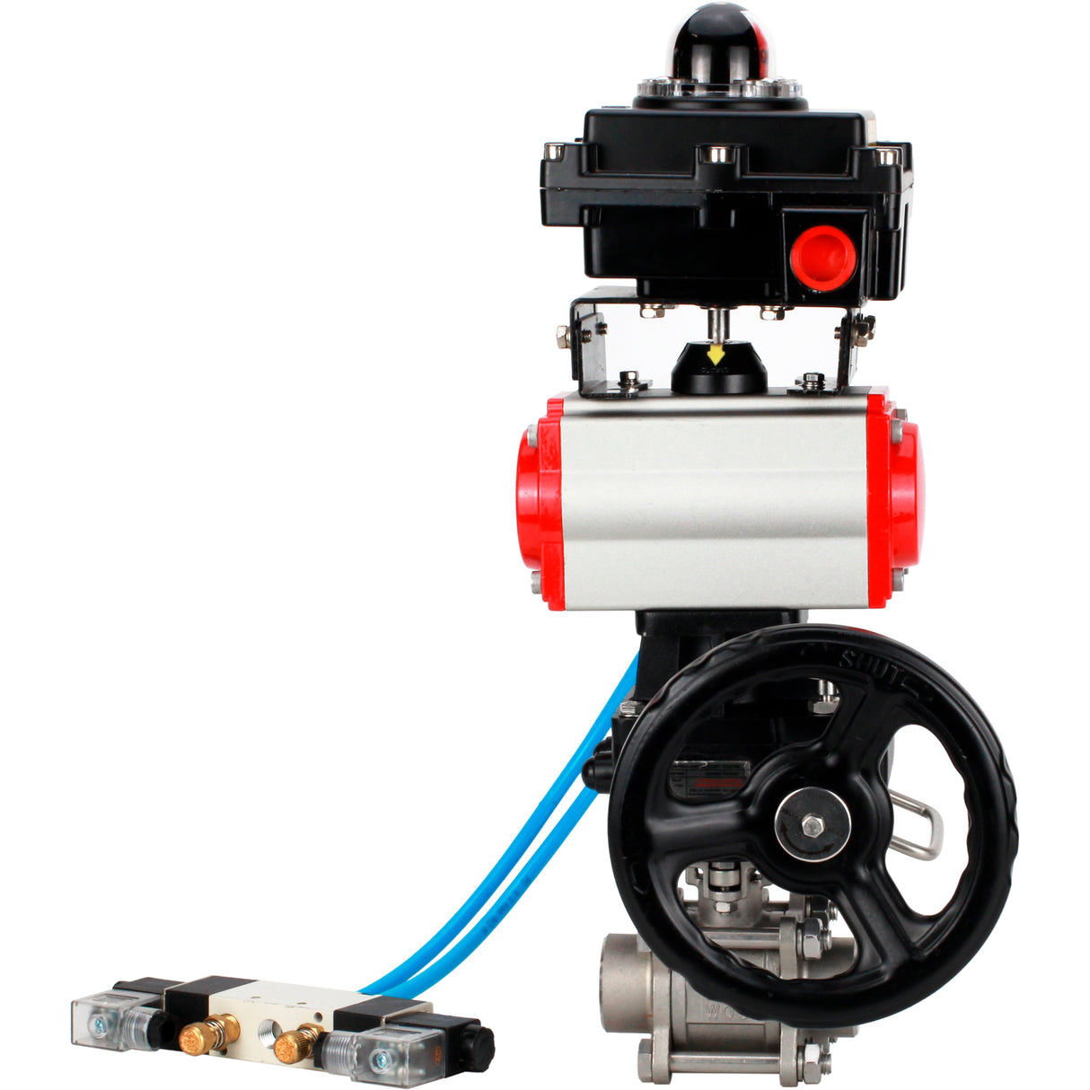 Ball valves Elephant BV3232P(3pc)-FP-W-ISO-H WDVF DN15-32 63 bar full bore, 316 stainless steel, seal - PTFE, for welding, with PA-DA pneumatic actuator, with pneumatic distributor 4V320-10 220V, LSU APL-410N EX, manual backup for MON