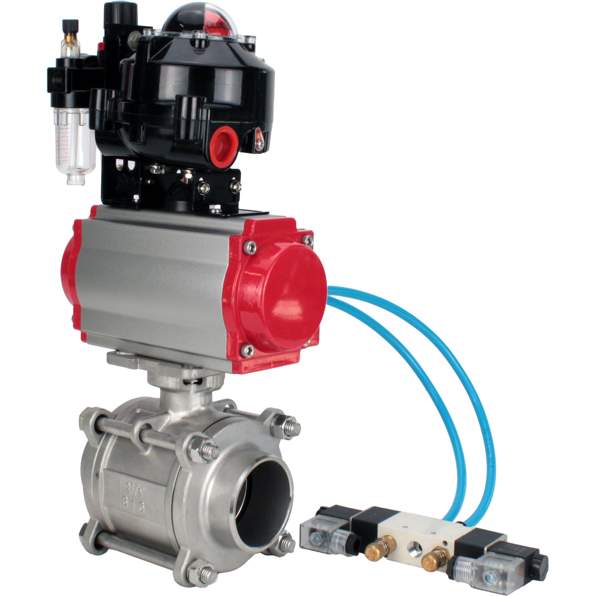 Ball valves Elephant BV3232P(3pc)-FP-W-ISO-H WDVF DN15-32 63 bar full bore, body - 316 stainless steel, seal - PTFE, for welding, with PA-DA pneumatic actuator, pneumatic distributor 4V320-10 220V, LSU APL-510N EX, ATU AFC2000