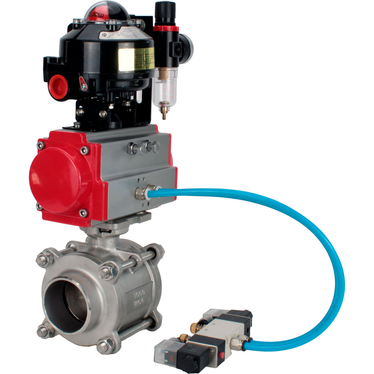 Ball valves Elephant BV3232P(3pc)-FP-W-ISO-H WDVF DN15-32 63 bar full bore, body - 316 stainless steel, seal - PTFE, for welding, with PA-DA pneumatic actuator, pneumatic distributor 4V320-10 220V, LSU APL-510N EX, ATU AFC2000