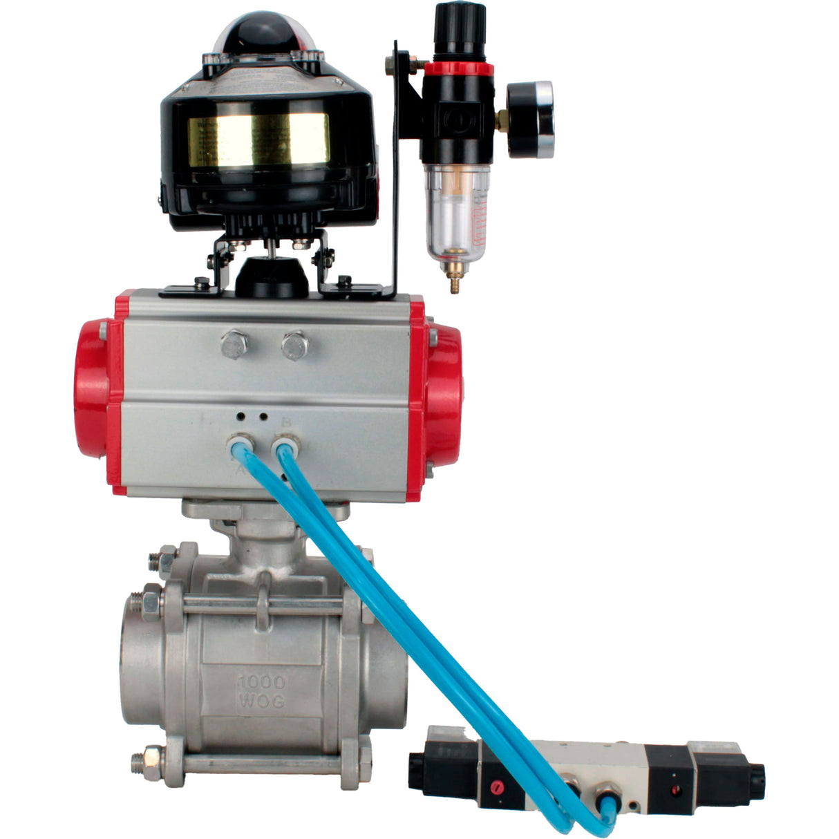 Ball valves Elephant BV3232P(3pc)-FP-W-ISO-H WDVF DN15-32 63 bar full bore, body - 316 stainless steel, seal - PTFE, for welding, with PA-DA pneumatic actuator, pneumatic distributor 4V320-10 220V, LSU APL-510N EX, ATU AFC2000