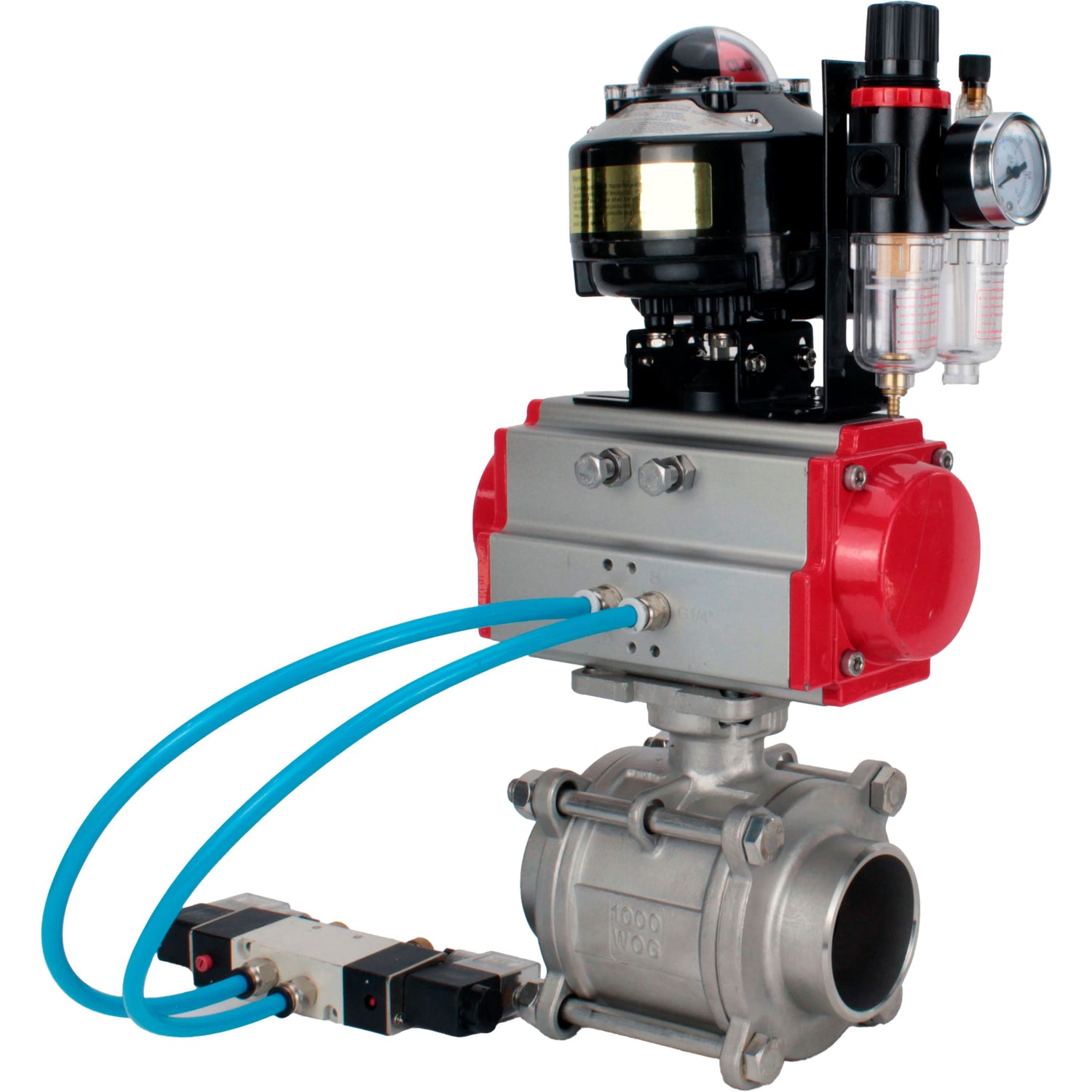 Ball valves Elephant BV3232P(3pc)-FP-W-ISO-H WDVF DN15-32 63 bar full bore, body - 316 stainless steel, seal - PTFE, for welding, with PA-DA pneumatic actuator, pneumatic distributor 4V320-10 220V, LSU APL-510N EX, ATU AFC2000