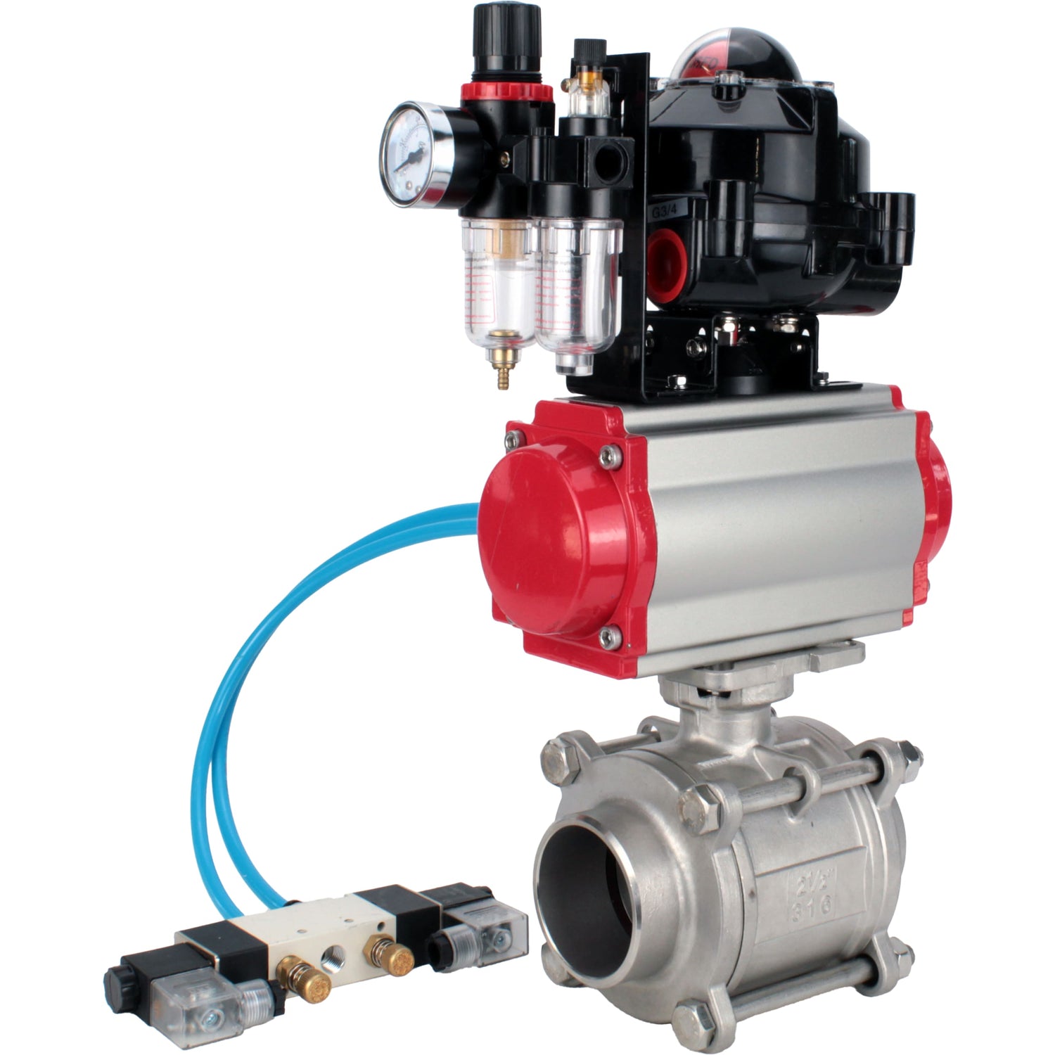 Ball valves Elephant BV3232P(3pc)-FP-W-ISO-H WDVF DN15-32 63 bar full bore, body - 316 stainless steel, seal - PTFE, for welding, with PA-DA pneumatic actuator, pneumatic distributor 4V320-10 220V, LSU APL-510N EX, ATU AFC2000